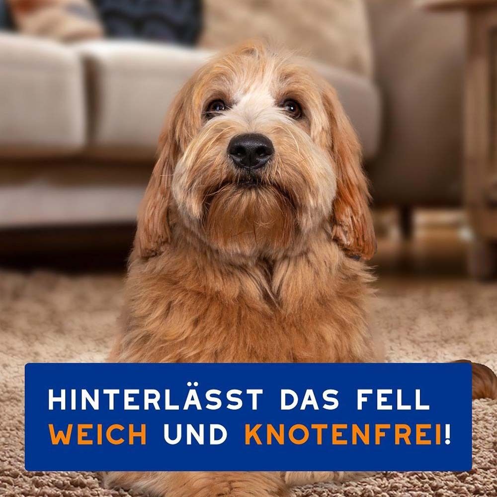 Hund auf Teppich. Text: Hinterlässt das Fell weich und knotenfrei!
