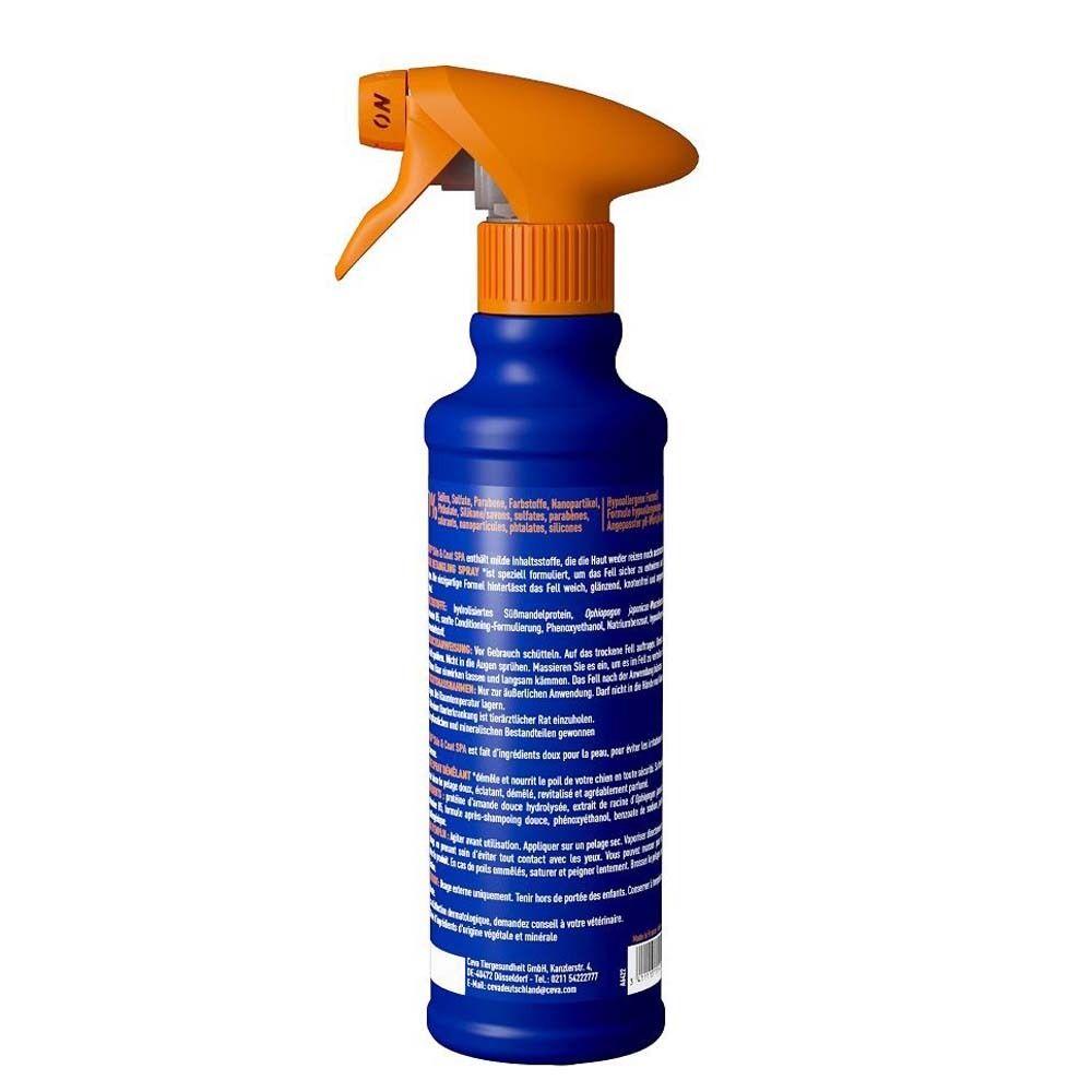 Rückseite der Sprühflasche. Text in mehreren Sprachen.