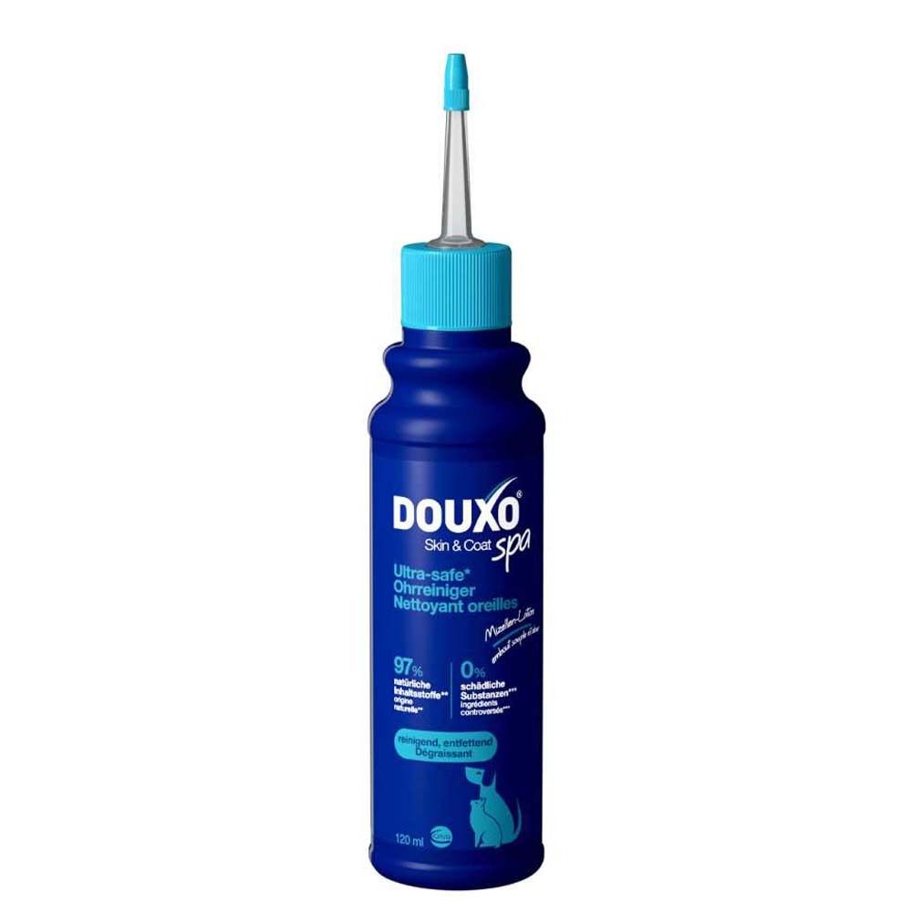 Flacon bleu avec applicateur. DOUXO Skin & Coat spa nettoyant auriculaire. 97% ingrédients naturels, 0% substances nocives.