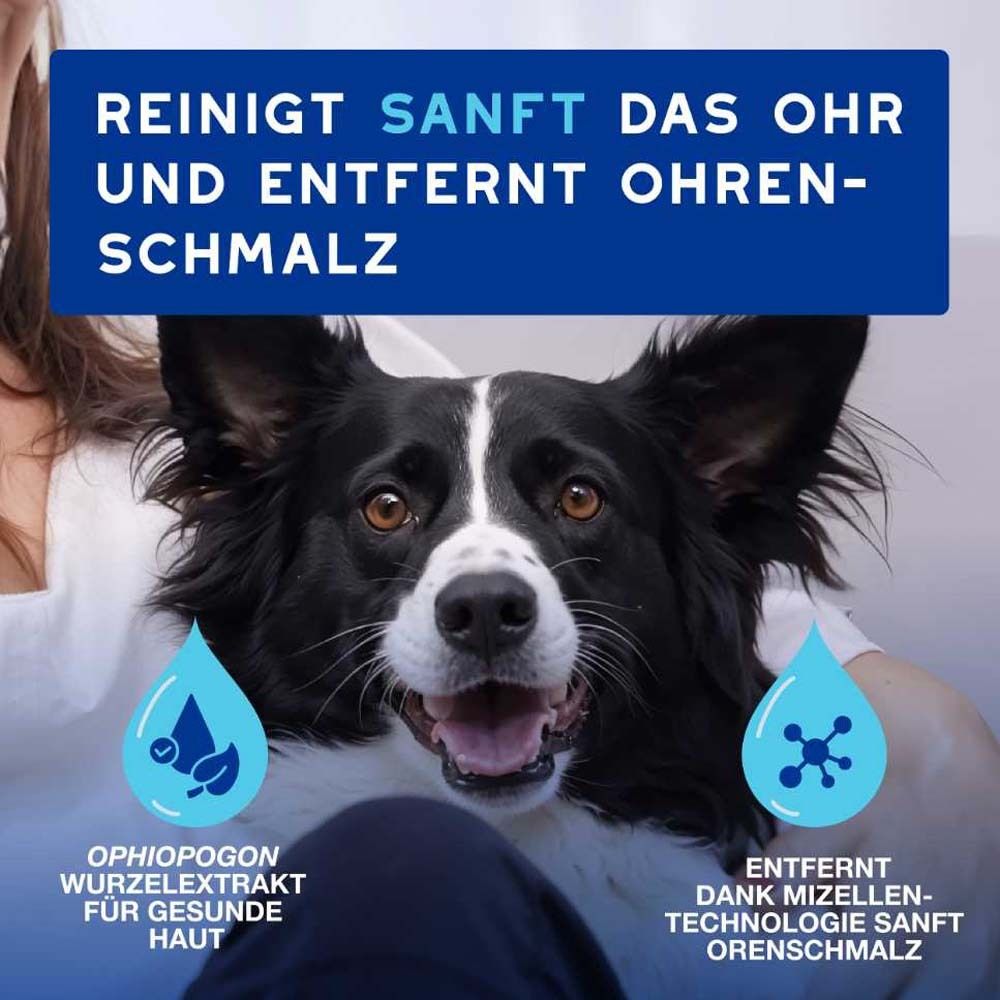 Chien avec texte: Nettoie doucement l'oreille et élimine le cérumen. Gouttes avec texte: Extrait de racine d'ophiopogon.