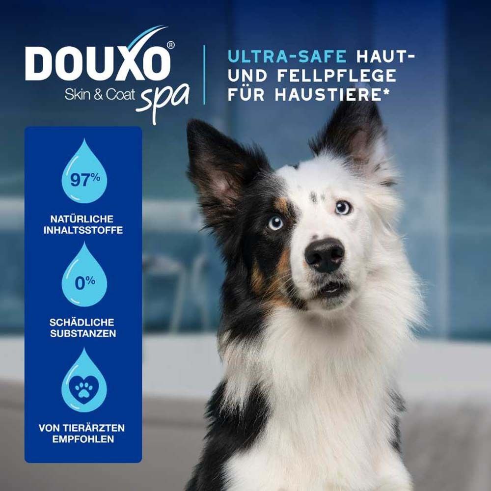 Chien avec texte: Soin ultra-sûr de la peau et du pelage pour animaux de compagnie. 97% ingrédients naturels, 0% substances nocives.