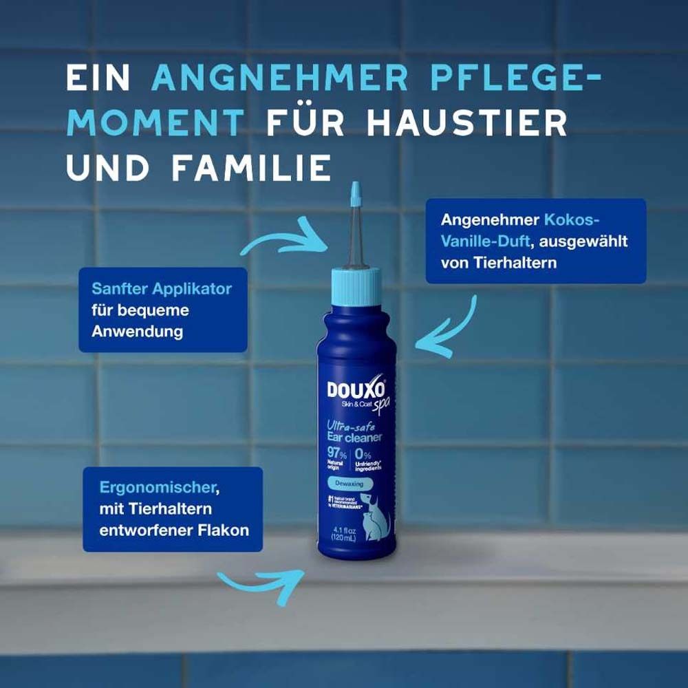 Flacon bleu avec applicateur. Texte: Parfum agréable de noix de coco et vanille, sélectionné par les propriétaires d'animaux. Flacon ergonomique.