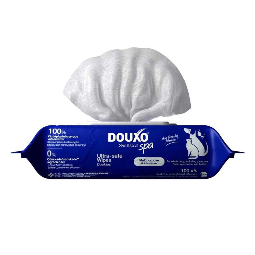 Paquet bleu et blanc de lingettes DOUXO® Skin & Coat spa. 100 lingettes. Ultra-safe Wipes. Matériau végétal.