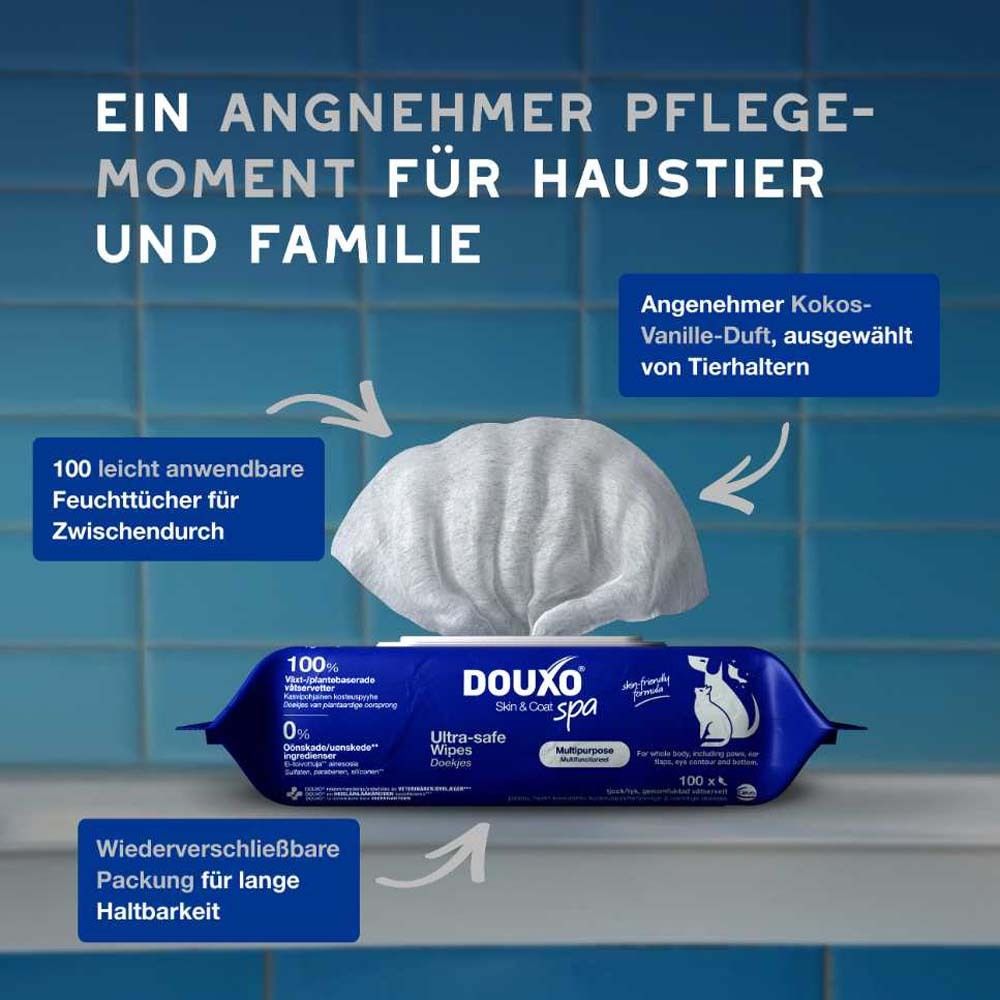 Lingettes et emballage. Texte: Un moment de soin agréable pour l'animal et la famille. Emballage refermable.