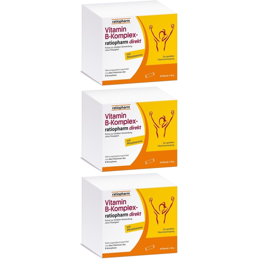 Drei weiße Kartons mit Produktaufdruck. Aufdruck: Vitamin B-Komplex-ratiopharm direkt. Orangefarbene Akzente und eine stilisierte Figur.