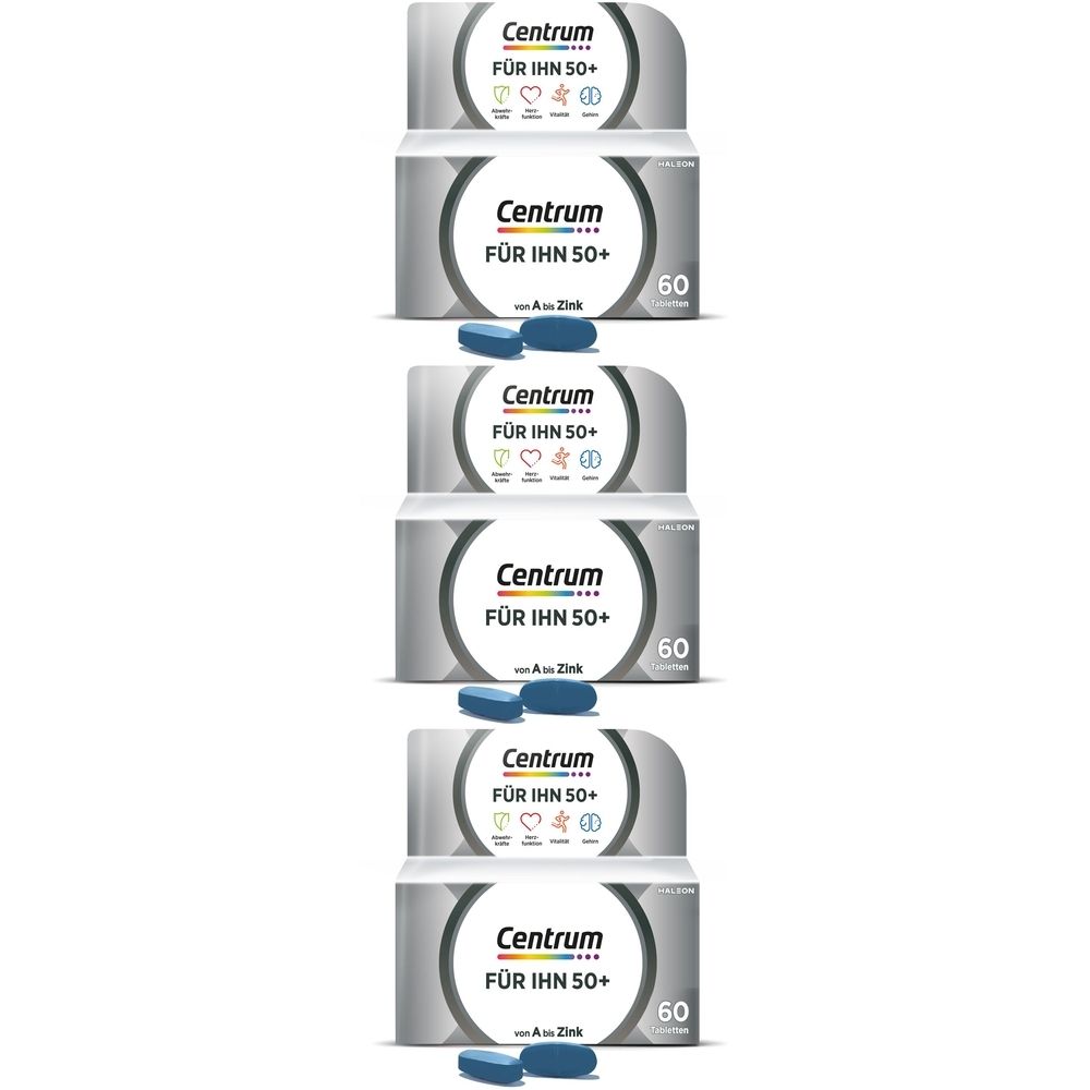 Mehrere Packungen Centrum für Ihn 50+ mit 60 Tabletten. Blaue Tabletten liegen daneben. Graue Verpackung mit weißer Schrift.