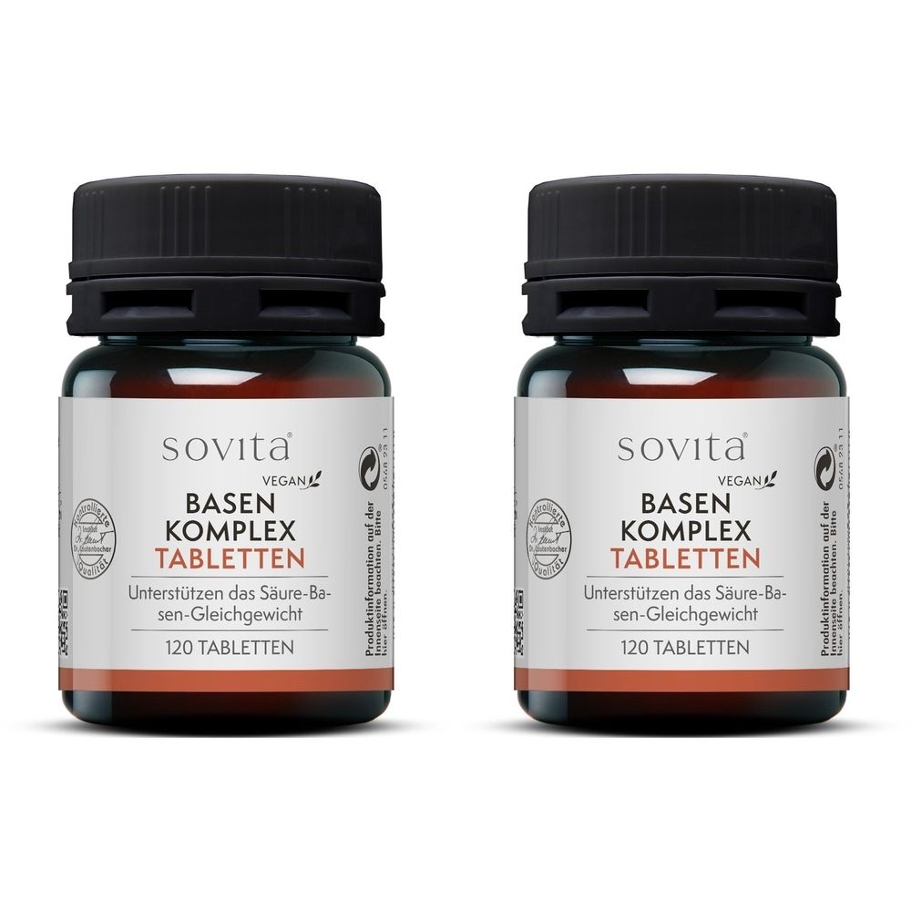 Zwei braune Glasflaschen mit schwarzen Deckeln. Auf den Etiketten steht "Sovita Basen Komplex Tabletten".