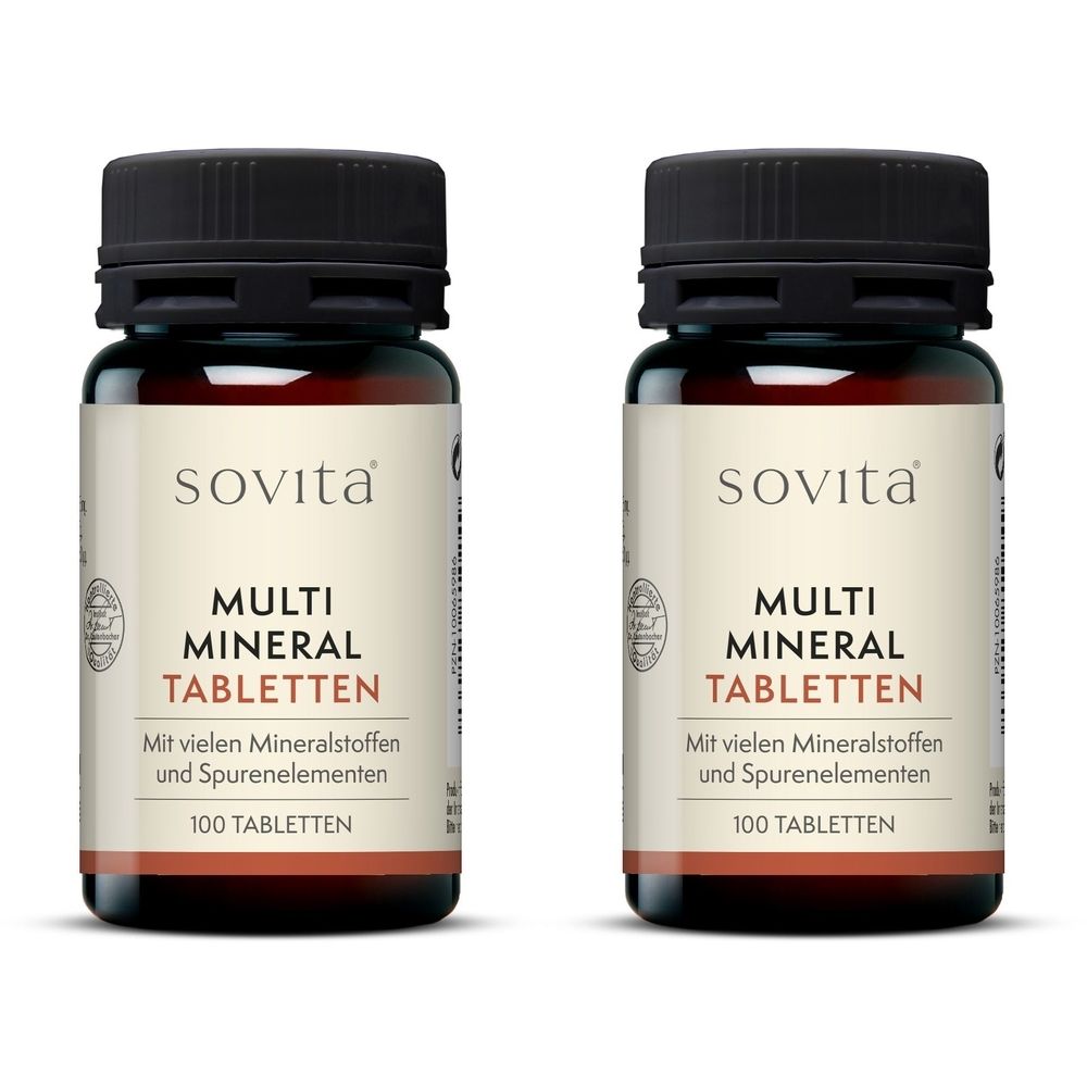 Deux flacons en verre brun avec des couvercles noirs. Les étiquettes indiquent "sovita MULTI MINERAL TABLETTEN".
