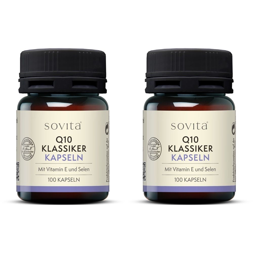 Deux flacons en verre brun avec des bouchons noirs. Les étiquettes indiquent "Sovita Q10 Klassiker Kapseln" et "Mit Vitamin E und Selen".
