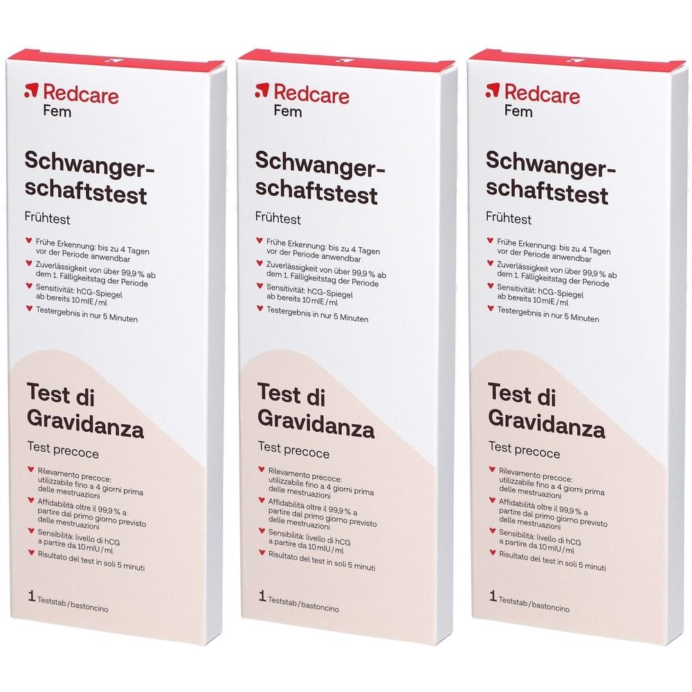 Drei Packungen Schwangerschaftstest. Aufschrift: Redcare Fem Schwangerschaftstest. Text in Deutsch und Italienisch. Weiße Verpackung mit rotem Akzent.