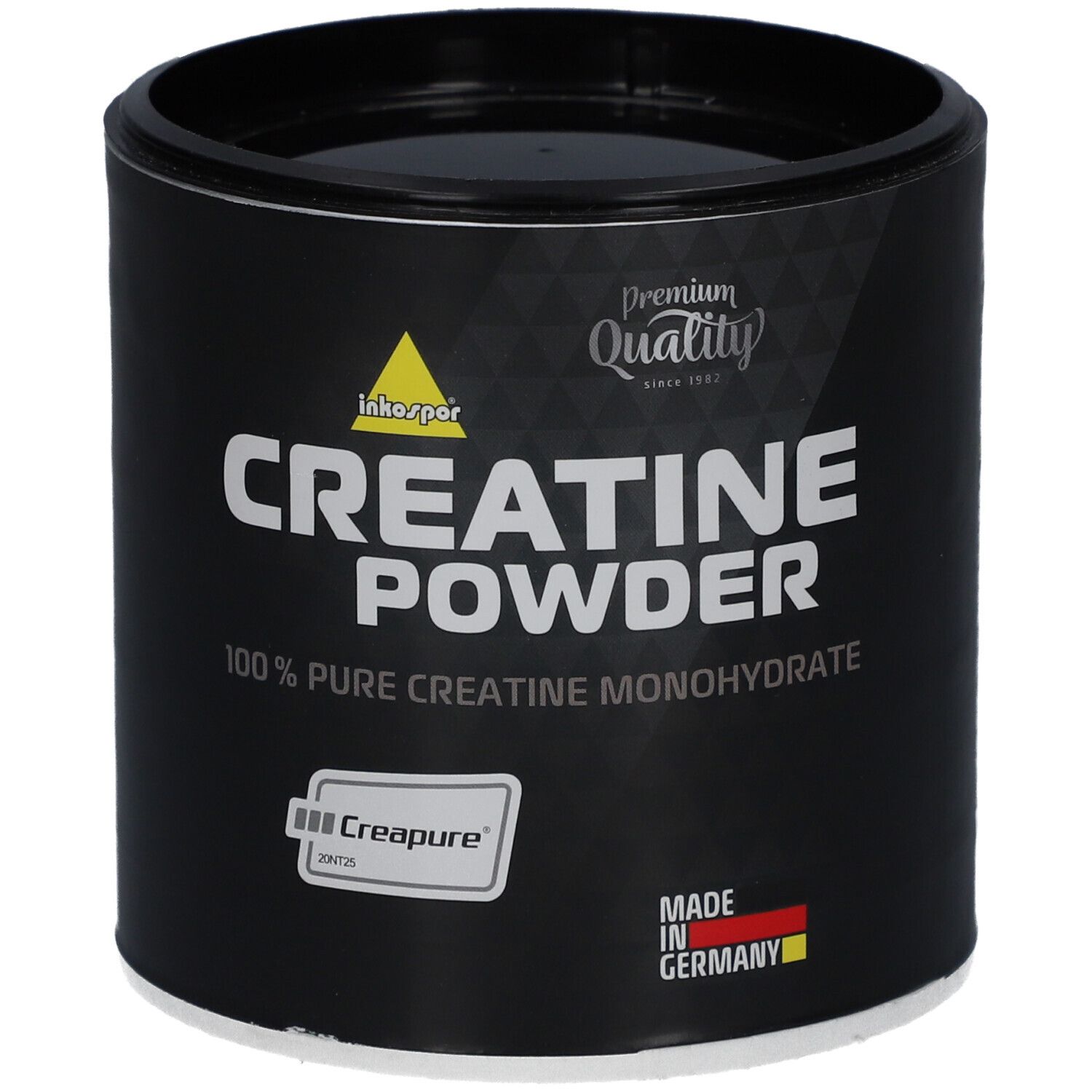 Boîte noire avec inscription "Creatine Powder". Contient 100% de créatine monohydrate pure. Logo "Creapure" et "Made in Germany".