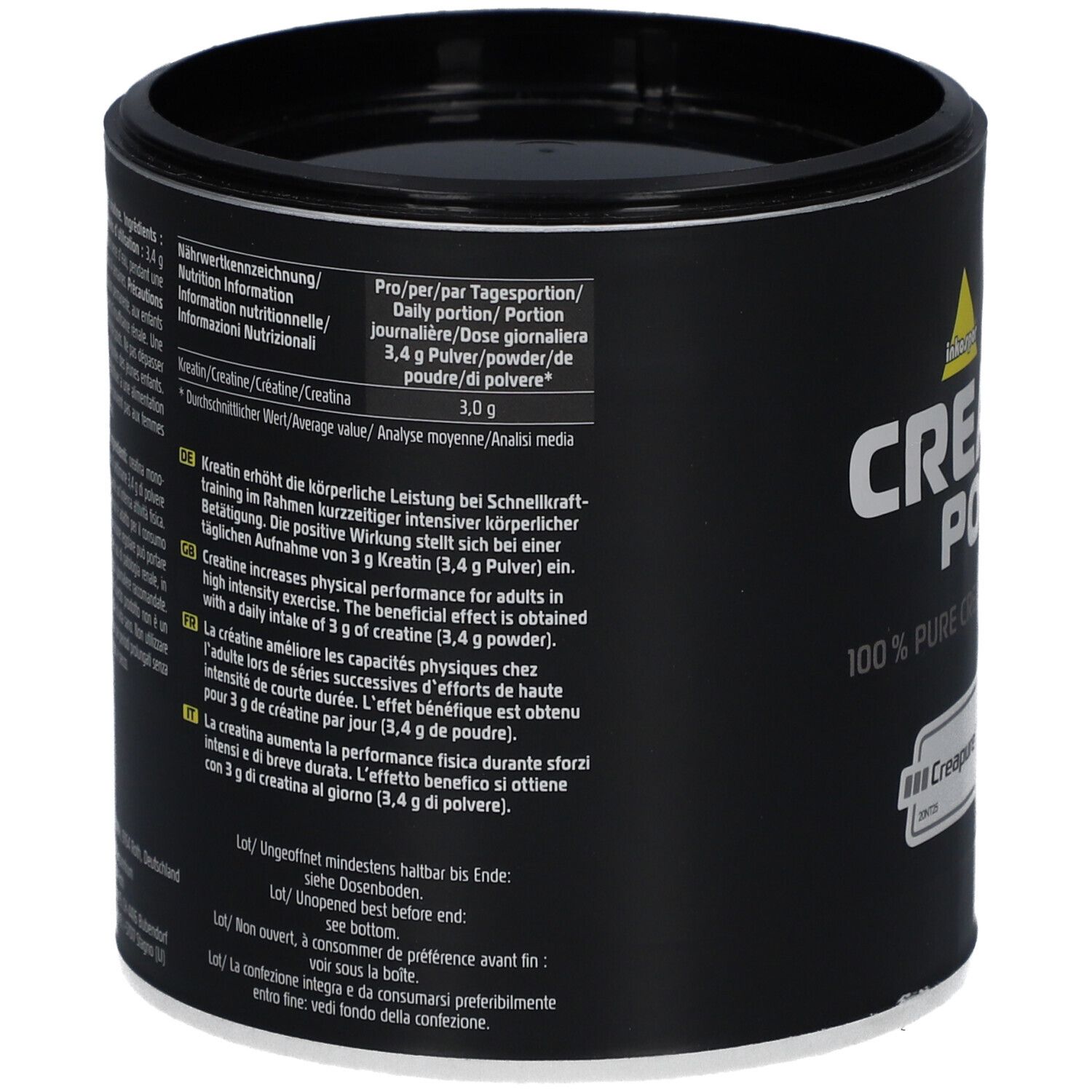 Boîte noire avec texte. Contient des informations nutritionnelles et des ingrédients. Comprend également des textes en anglais, italien et français.