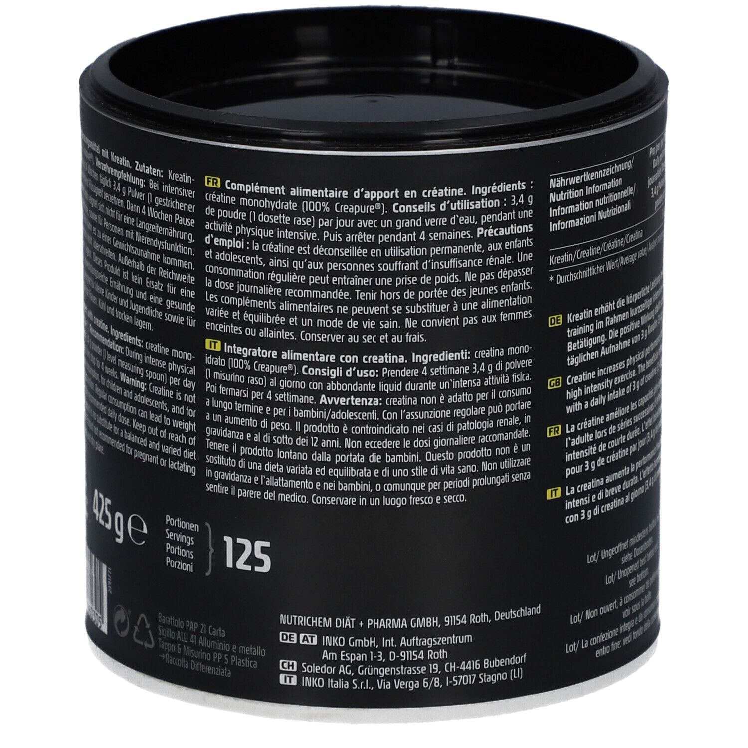 Boîte noire avec texte. Contient des informations nutritionnelles et des ingrédients. Comprend également des textes en anglais, italien et français.