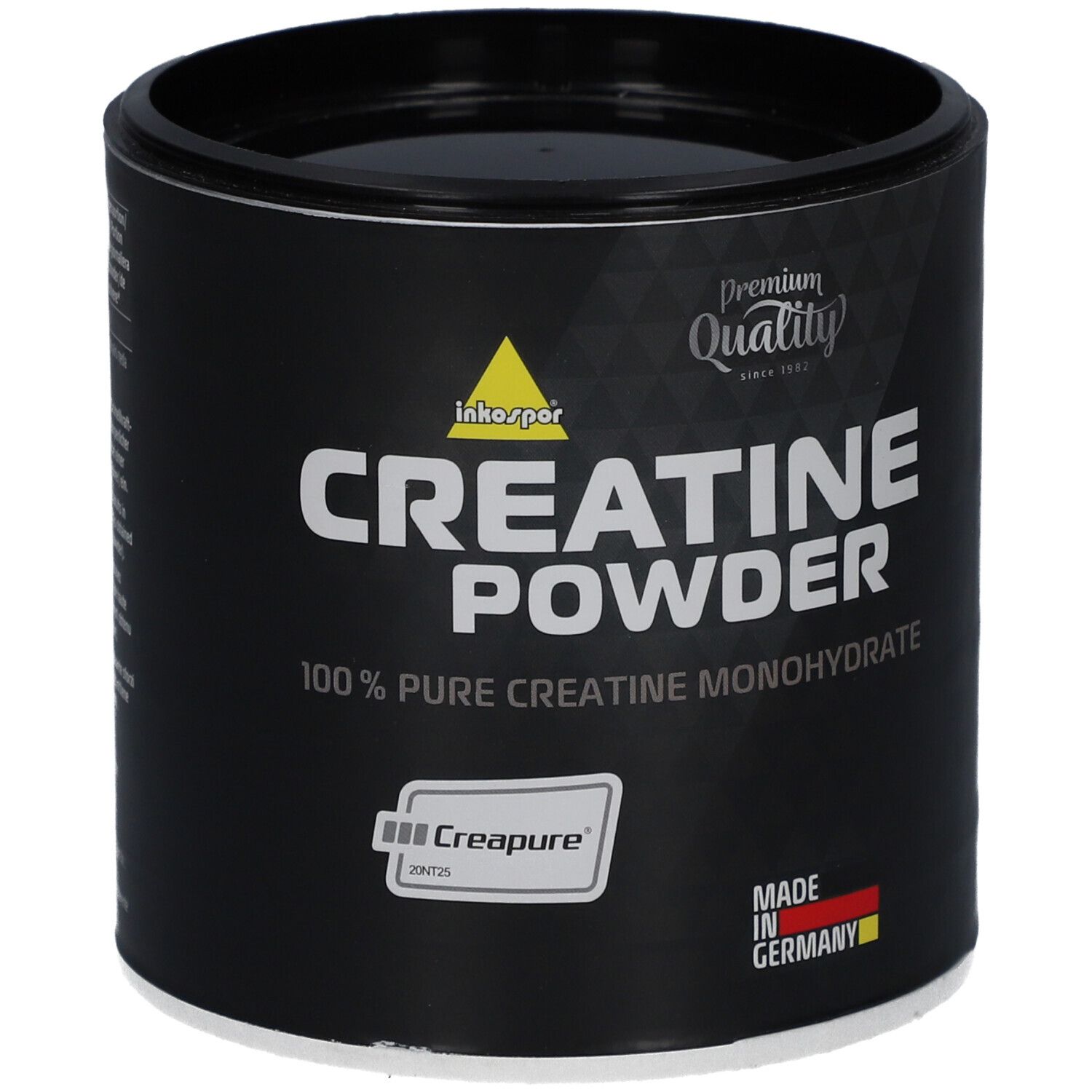 Boîte noire avec inscription "Creatine Powder". Contient 100% de créatine monohydrate pure. Logo "Creapure" et "Made in Germany".