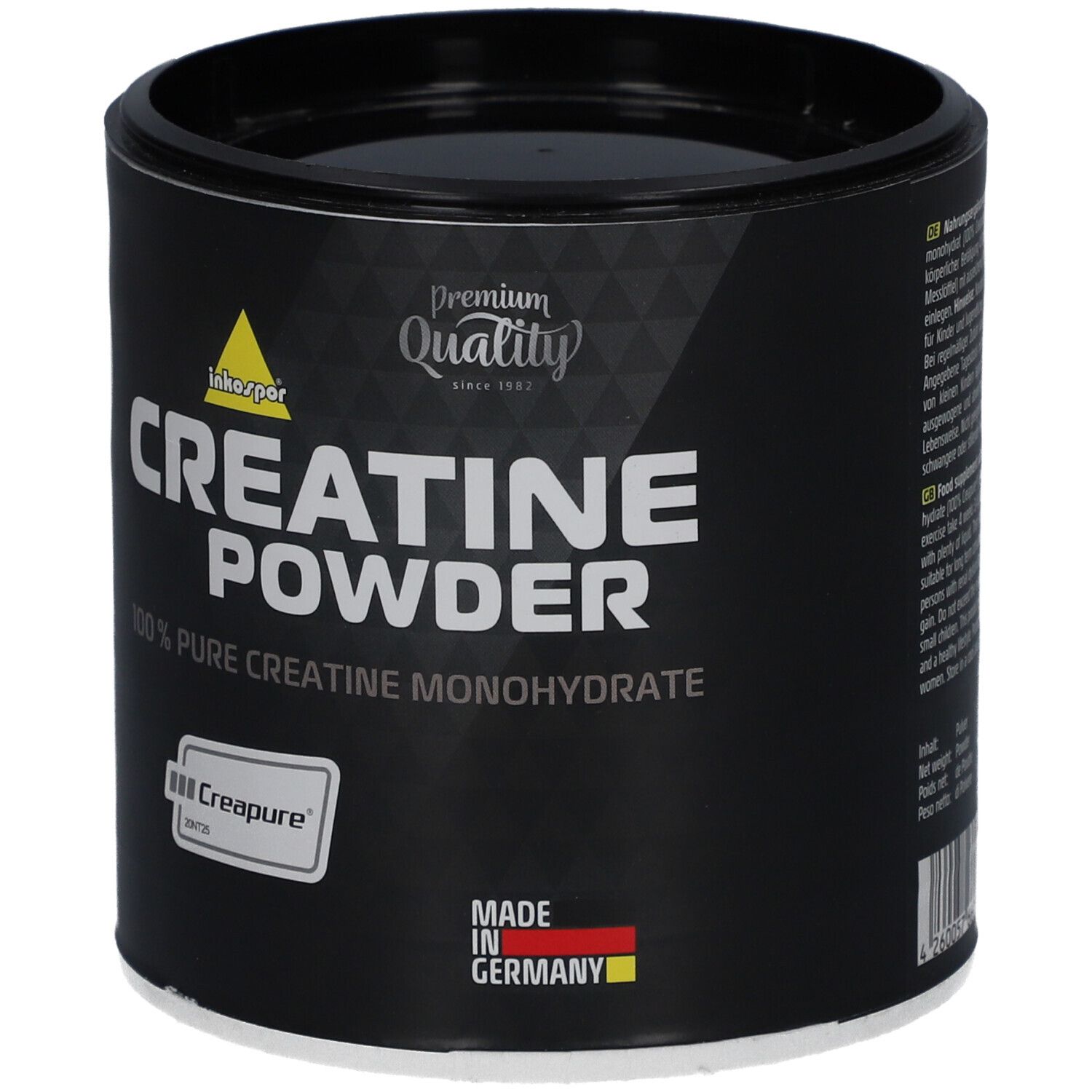 Boîte noire avec inscription "Creatine Powder". Contient 100% de créatine monohydrate pure. Logo "Creapure" et "Made in Germany".