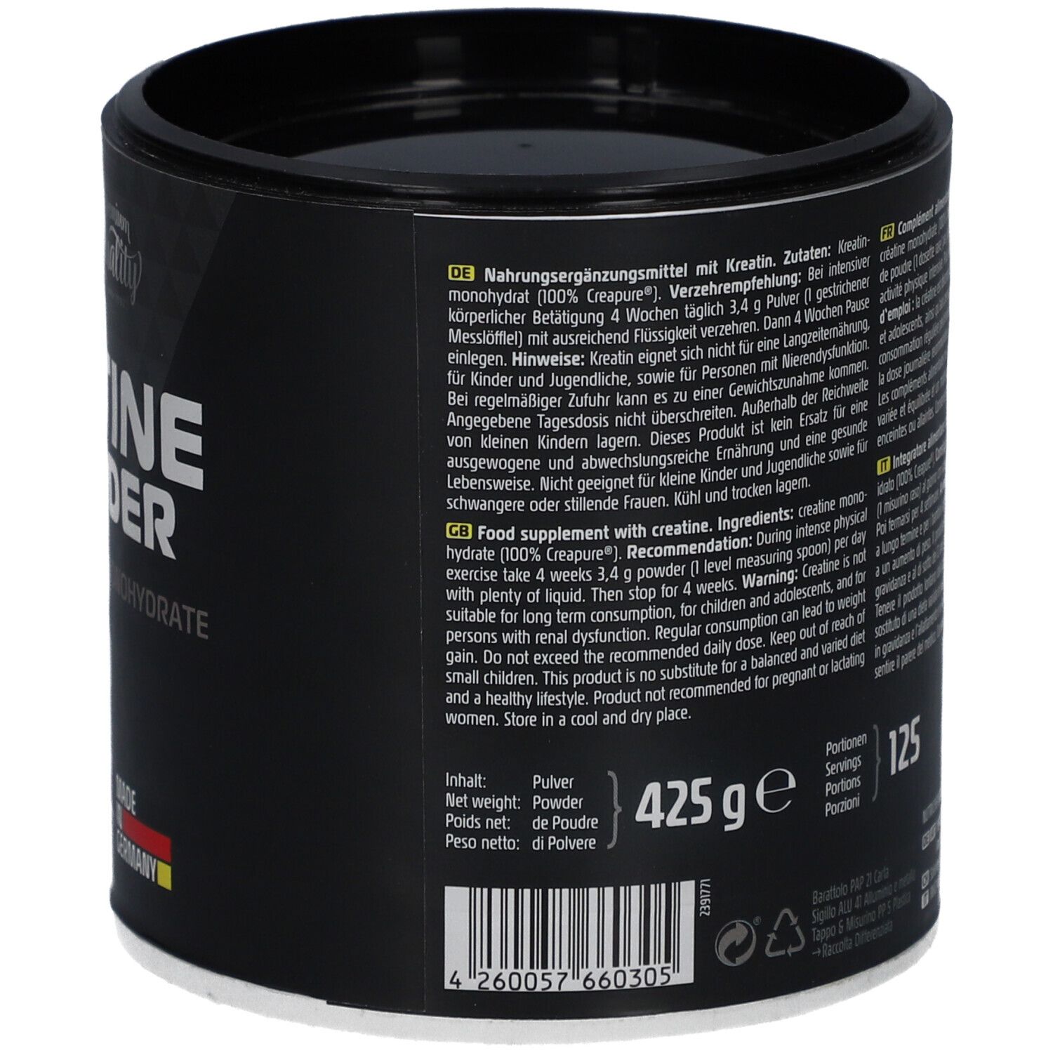 Boîte noire avec texte. Contient des informations nutritionnelles et des ingrédients. Comprend également des textes en anglais, italien et français.