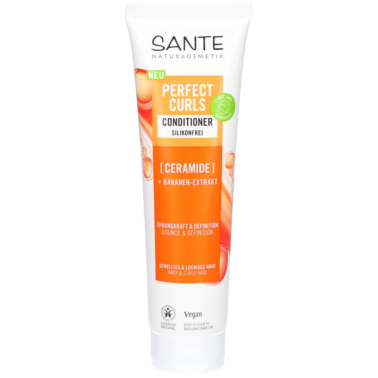 Tube blanc avec logo SANTE et nom du produit: Perfect Curls Conditioner. Étiquette orange avec informations et label Vegan.