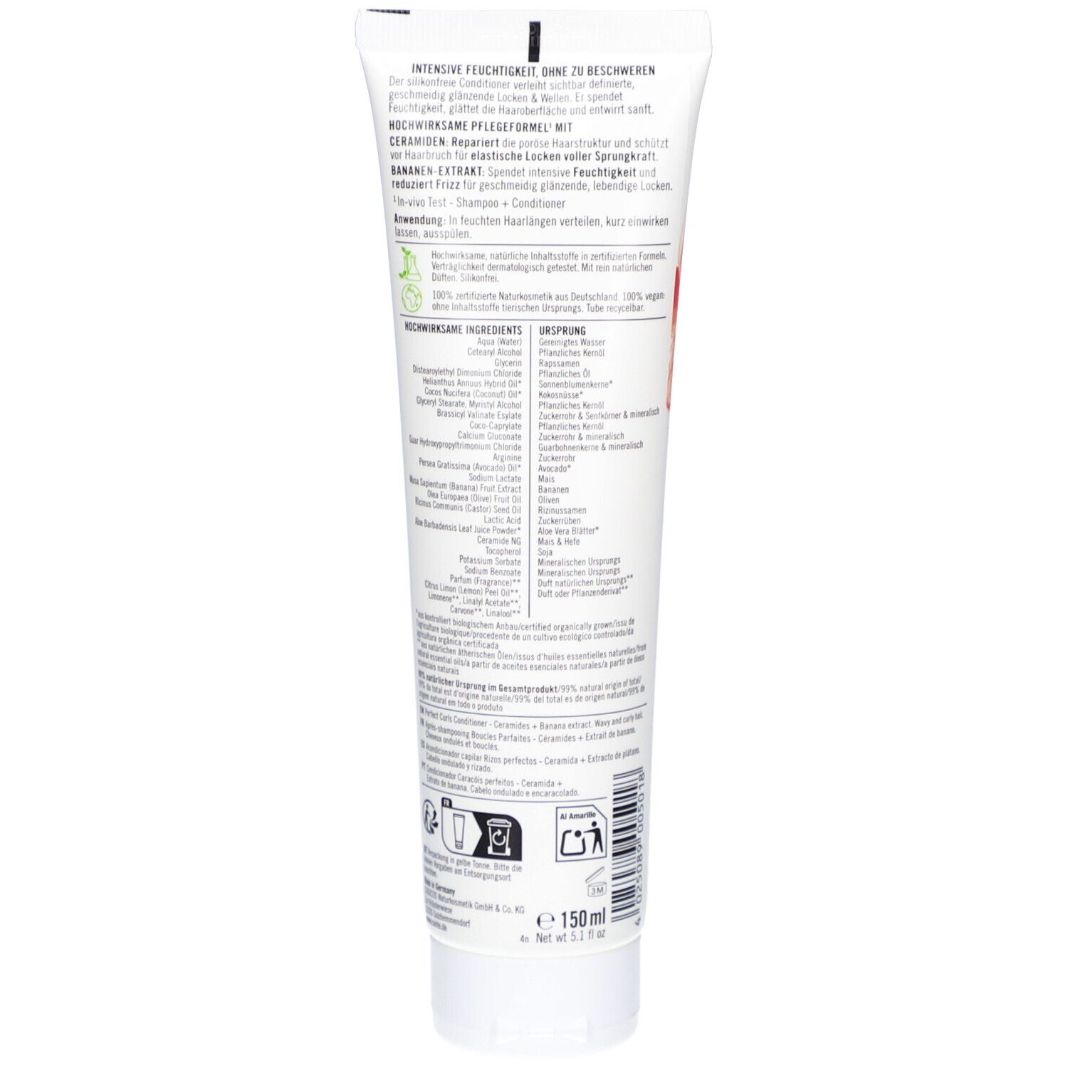 Dos d'un tube blanc. Texte avec ingrédients et instructions. Label Vegan et indication de volume: 150ml.