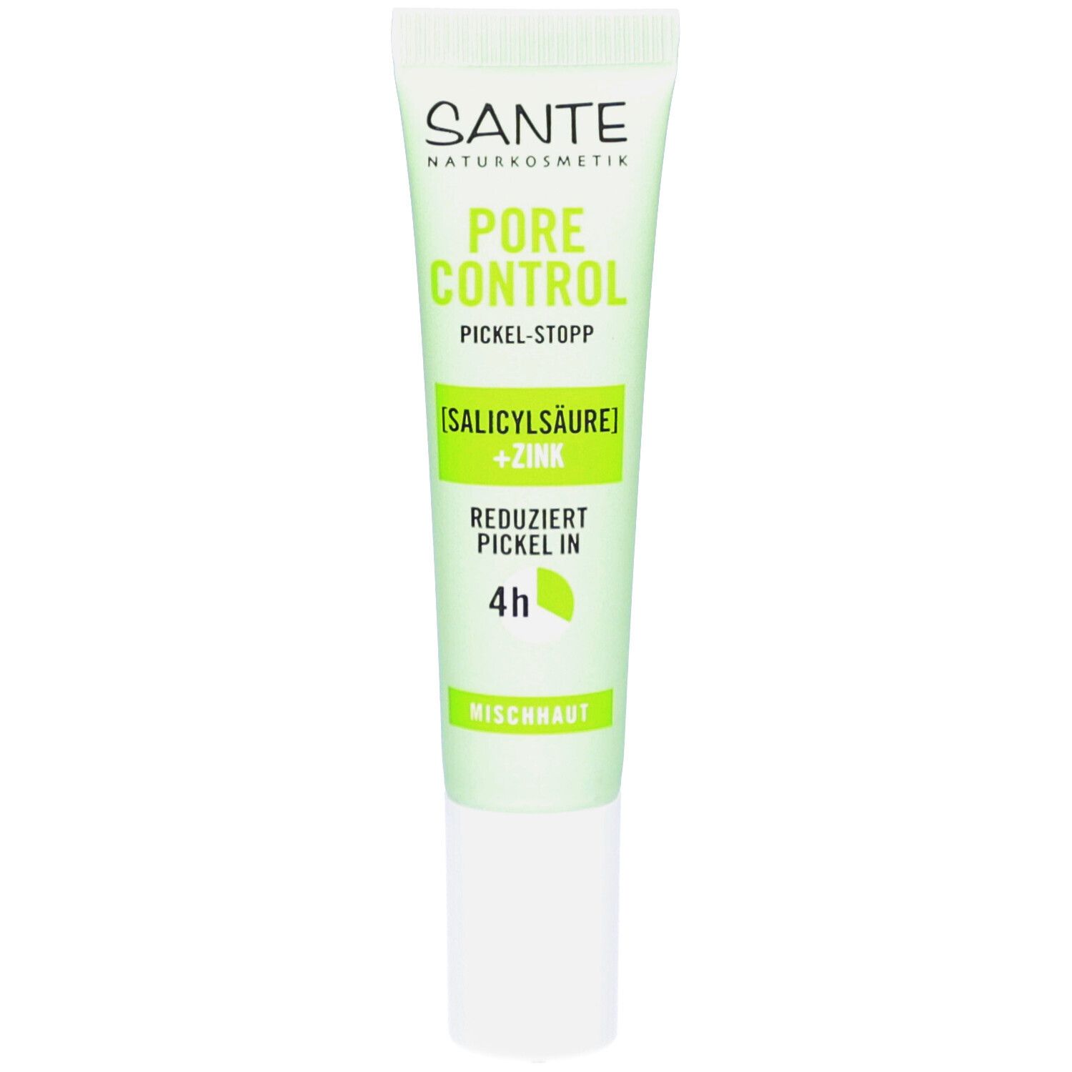 Tube verte avec bouchon blanc. Texte: SANTE, PORE CONTROL, PICKEL-STOPP, [ACIDE SALICYLIQUE] + ZINC, réduit les boutons en 4h, peau mixte.