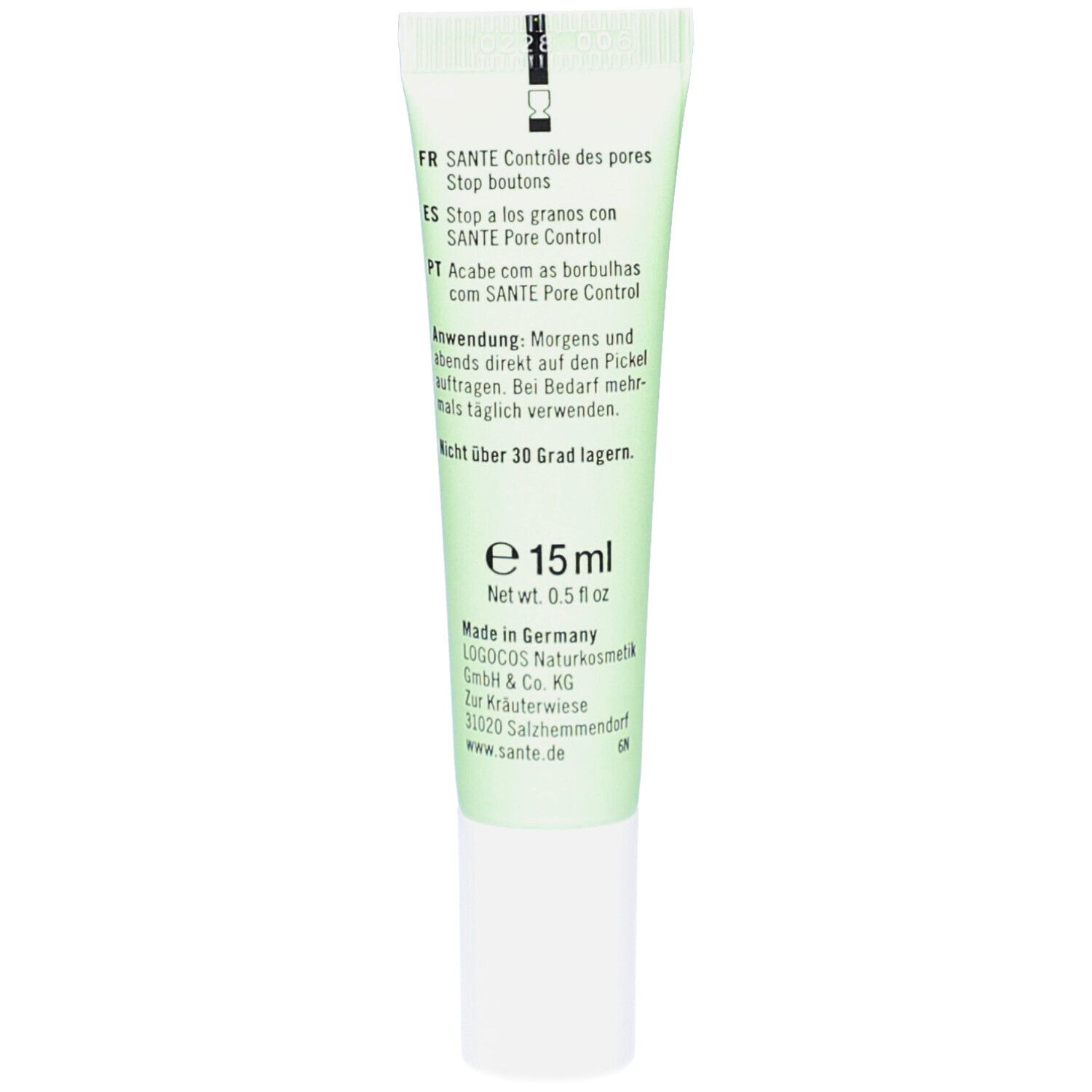 Dos du tube vert. Texte: FR Contrôle des pores. ES Stop a los granos. PT Acabe com as borbulhas. Utilisation: Matin et soir. e 15ml.