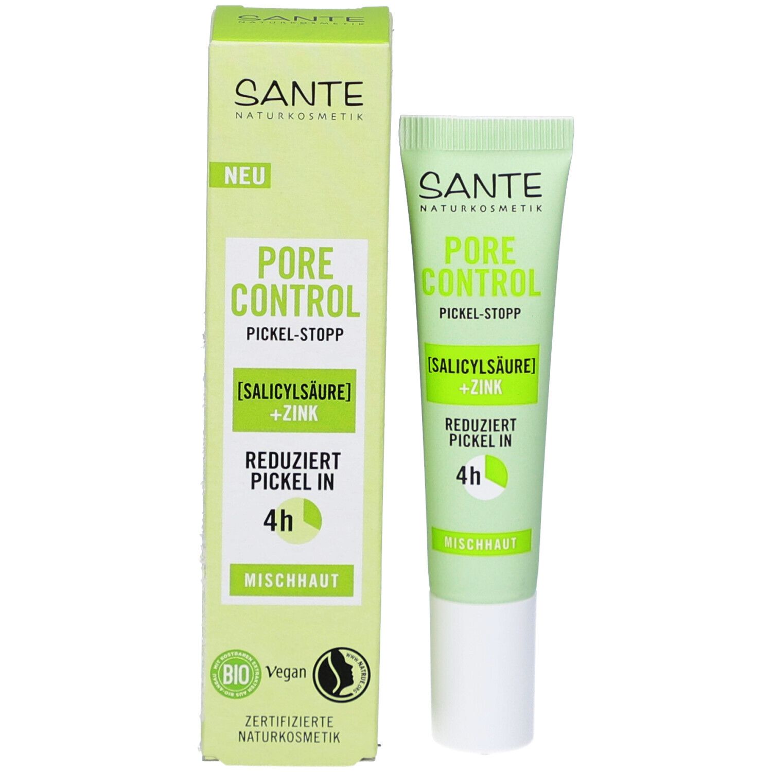 Produit et emballage. Boîte et tube verts. Texte: SANTE, PORE CONTROL, PICKEL-STOPP, [ACIDE SALICYLIQUE] + ZINC, réduit les boutons en 4h, peau mixte. Bio.