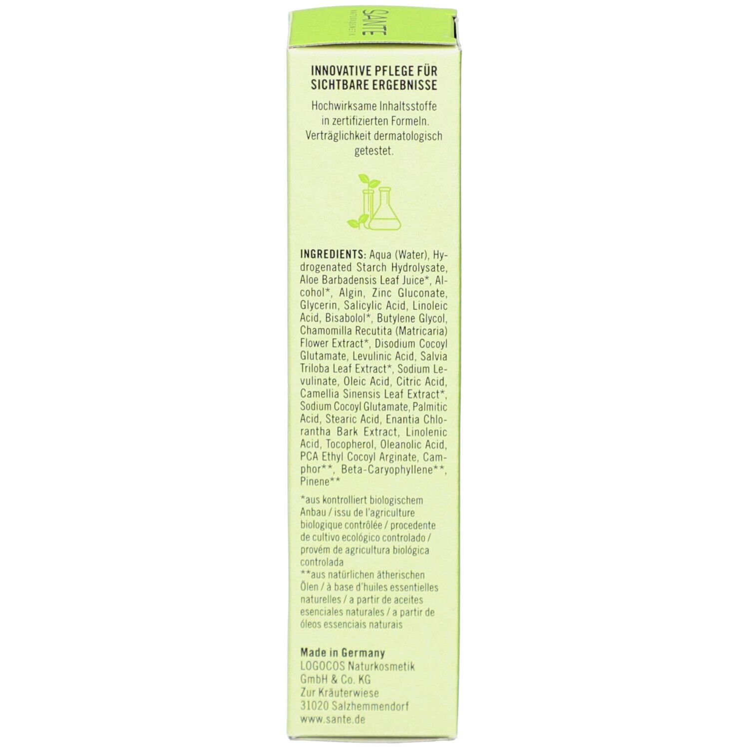 Côté de la boîte. Texte: Soin innovant pour des résultats visibles. Ingrédients. Fabriqué en Allemagne. LOGOCOS Naturkosmetik.