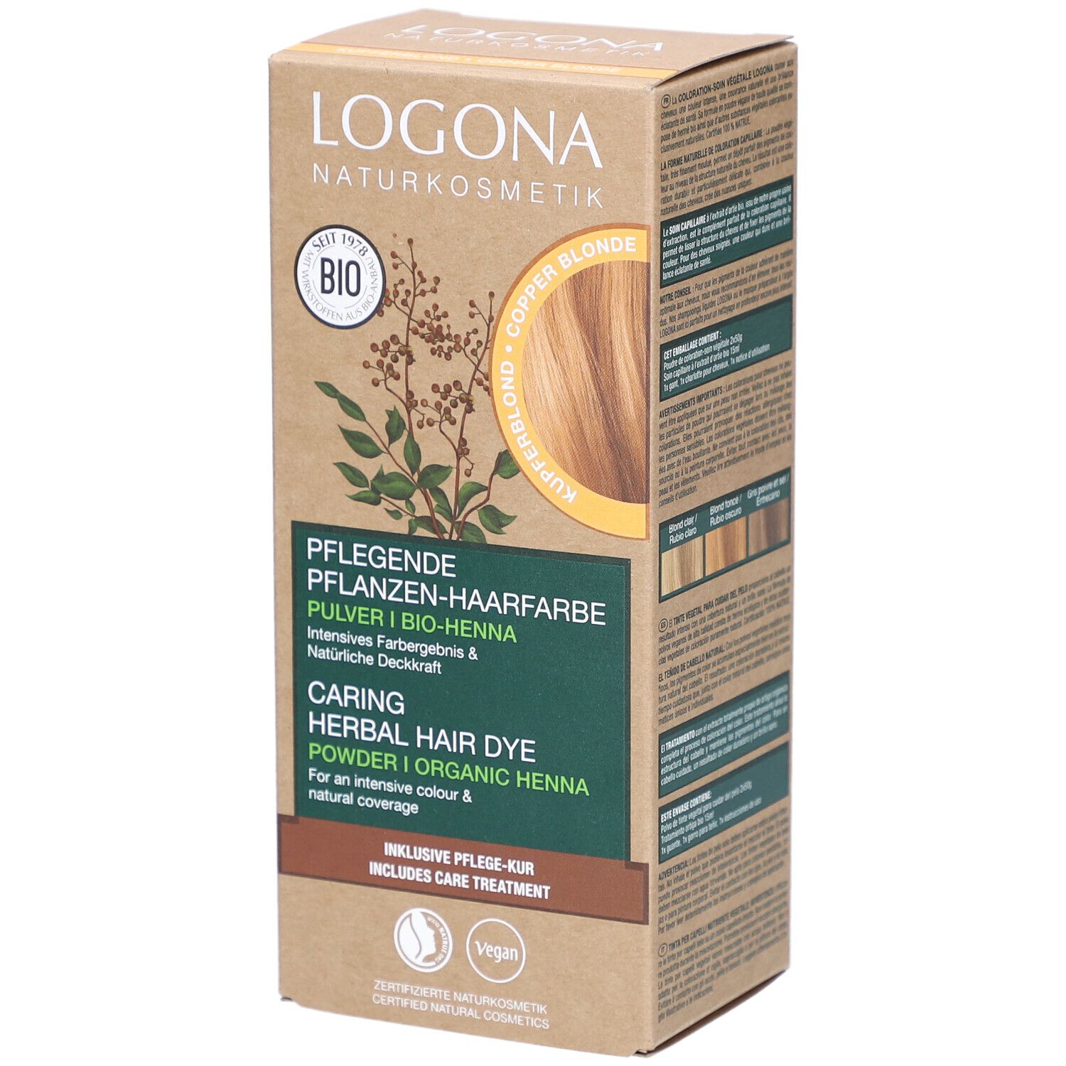 Boîte de coloration végétale. Inscription: LOGONA Naturkosmetik, BIO, blond cuivré. Contient un soin capillaire. Vegan.