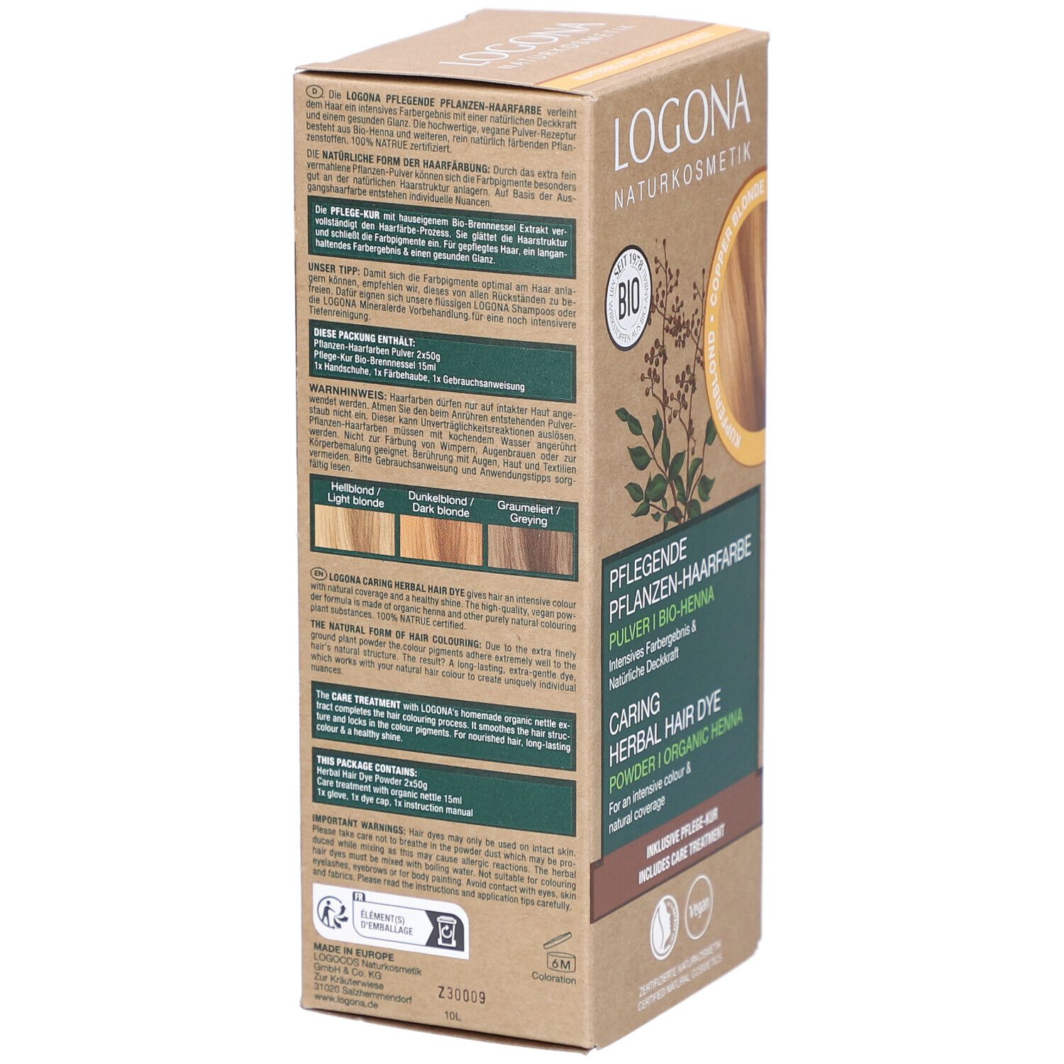 Dos de la boîte de coloration végétale. Texte en français. Exemples de couleurs pour différents tons de cheveux. Label Vegan.