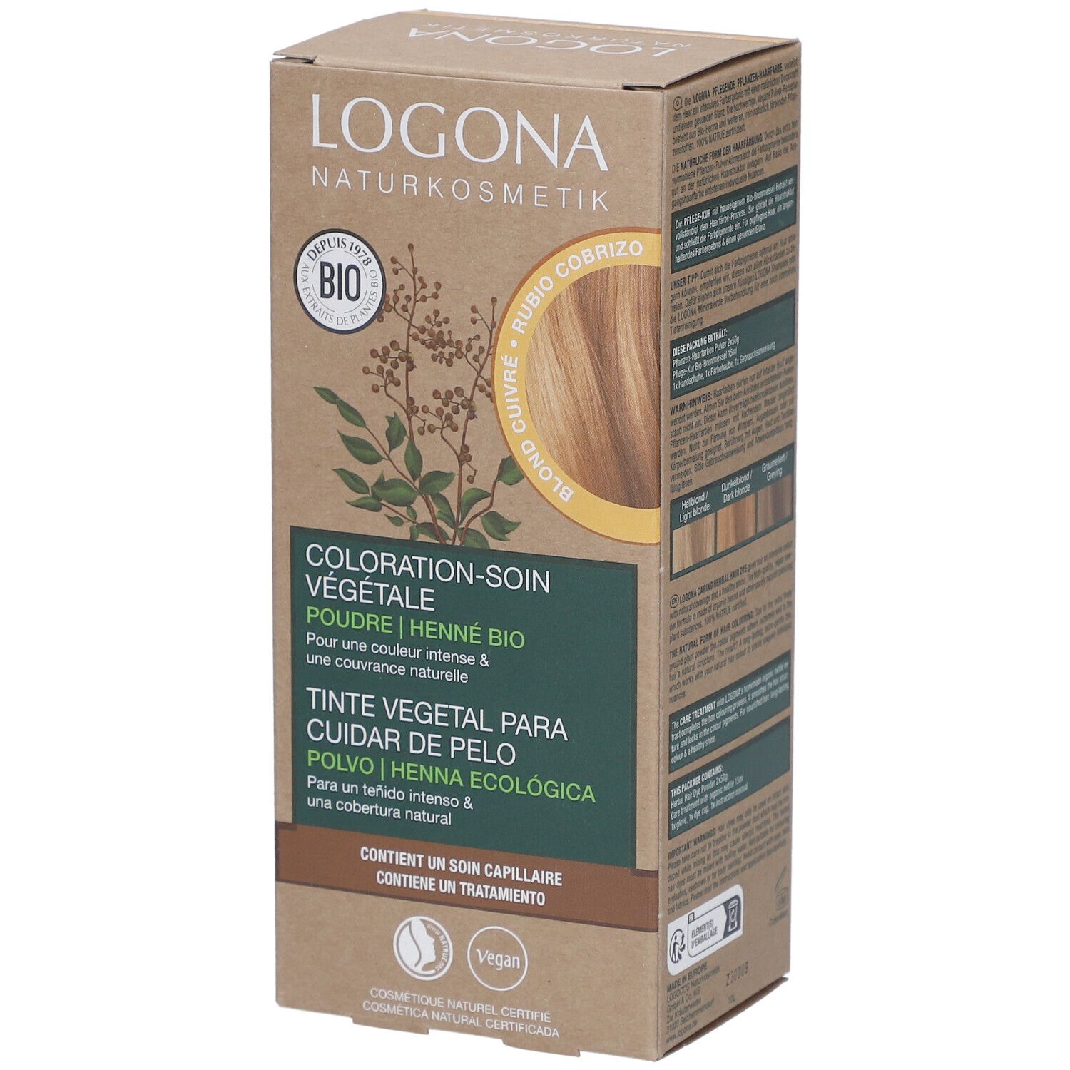 Emballage de coloration végétale. Inscription: LOGONA Naturkosmetik, BIO, blond cuivré. Contient un soin capillaire. Vegan.