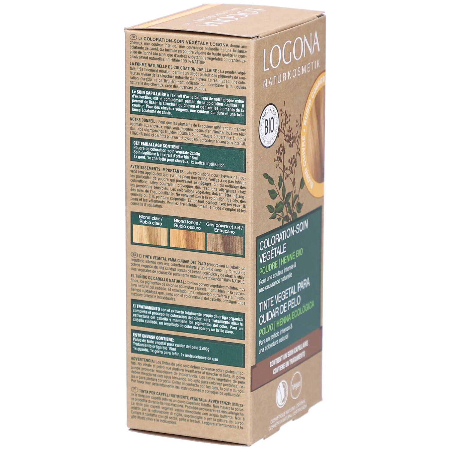 Dos de la boîte de coloration végétale. Texte en français. Exemples de couleurs pour différents tons de cheveux. Label Vegan.