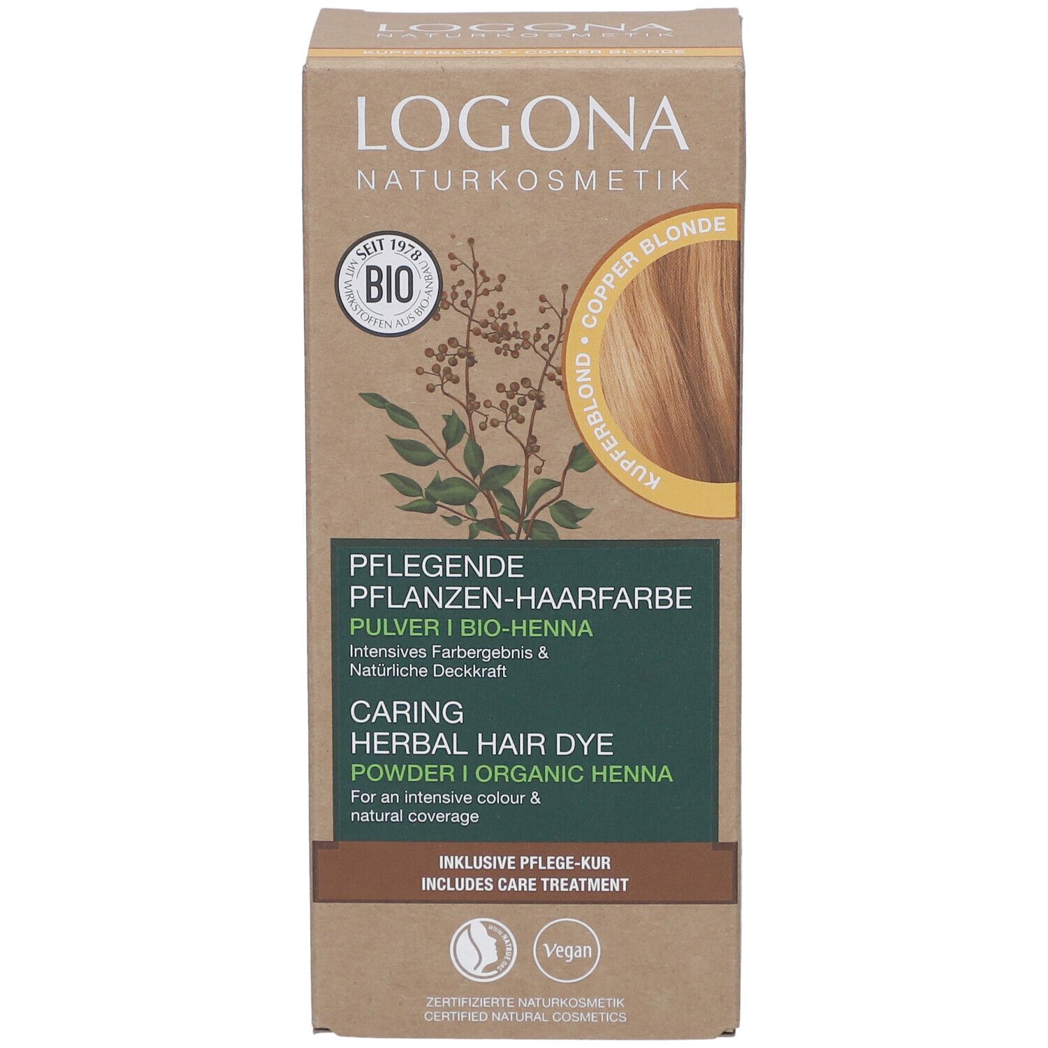 Boîte de coloration végétale. Inscription: LOGONA Naturkosmetik, BIO, blond cuivré. Contient un soin capillaire. Vegan.