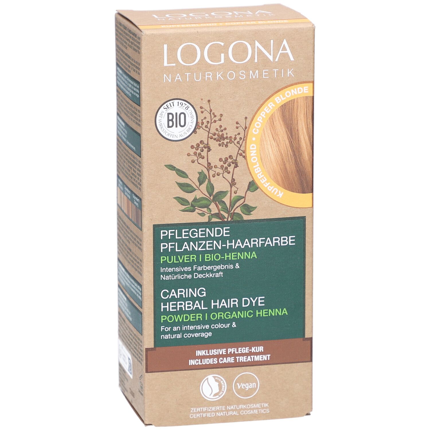 Boîte de coloration végétale. Inscription: LOGONA Naturkosmetik, BIO, blond cuivré. Contient un soin capillaire. Vegan.
