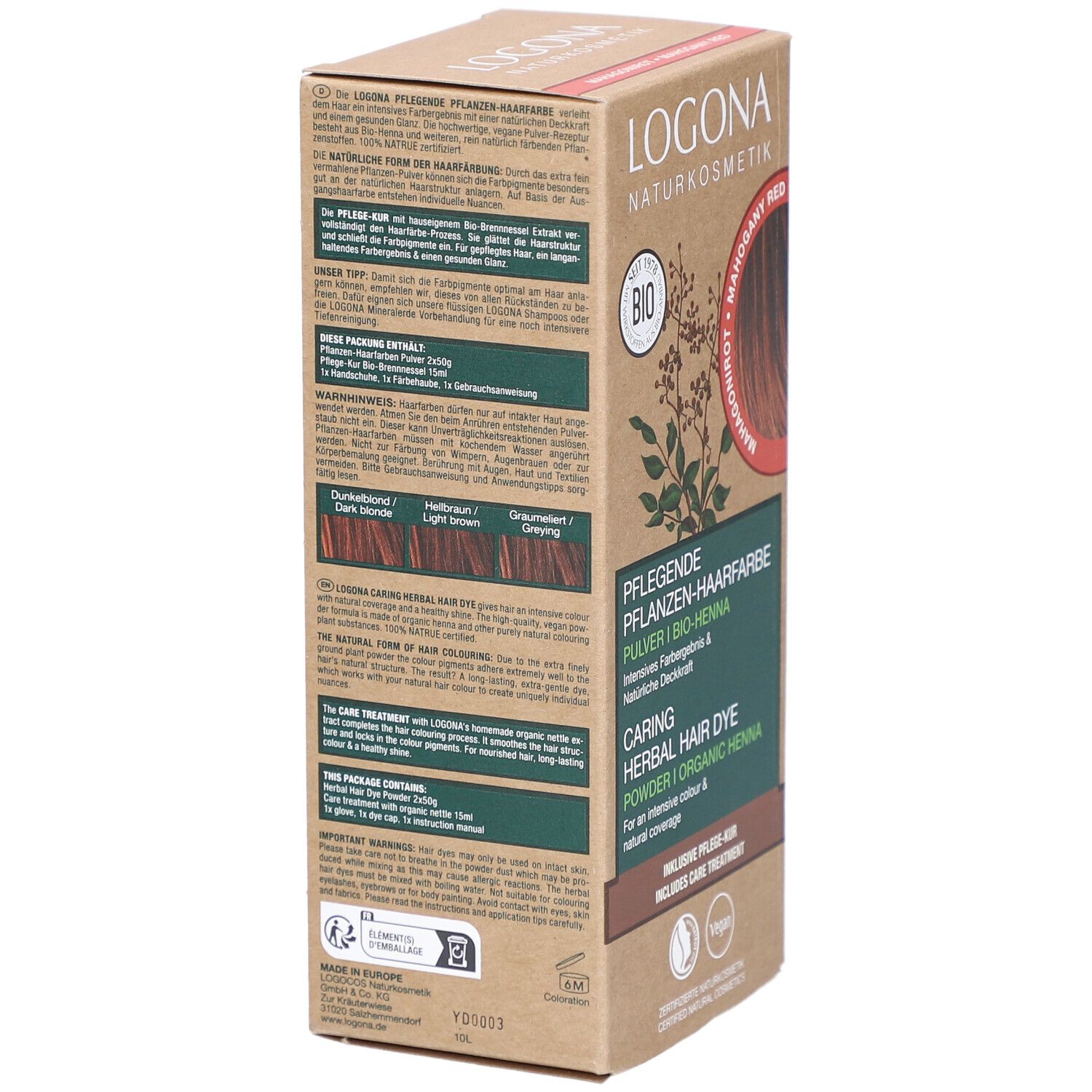 Boîte de coloration végétale Logona. Vue latérale avec texte. Labels Bio et Vegan.