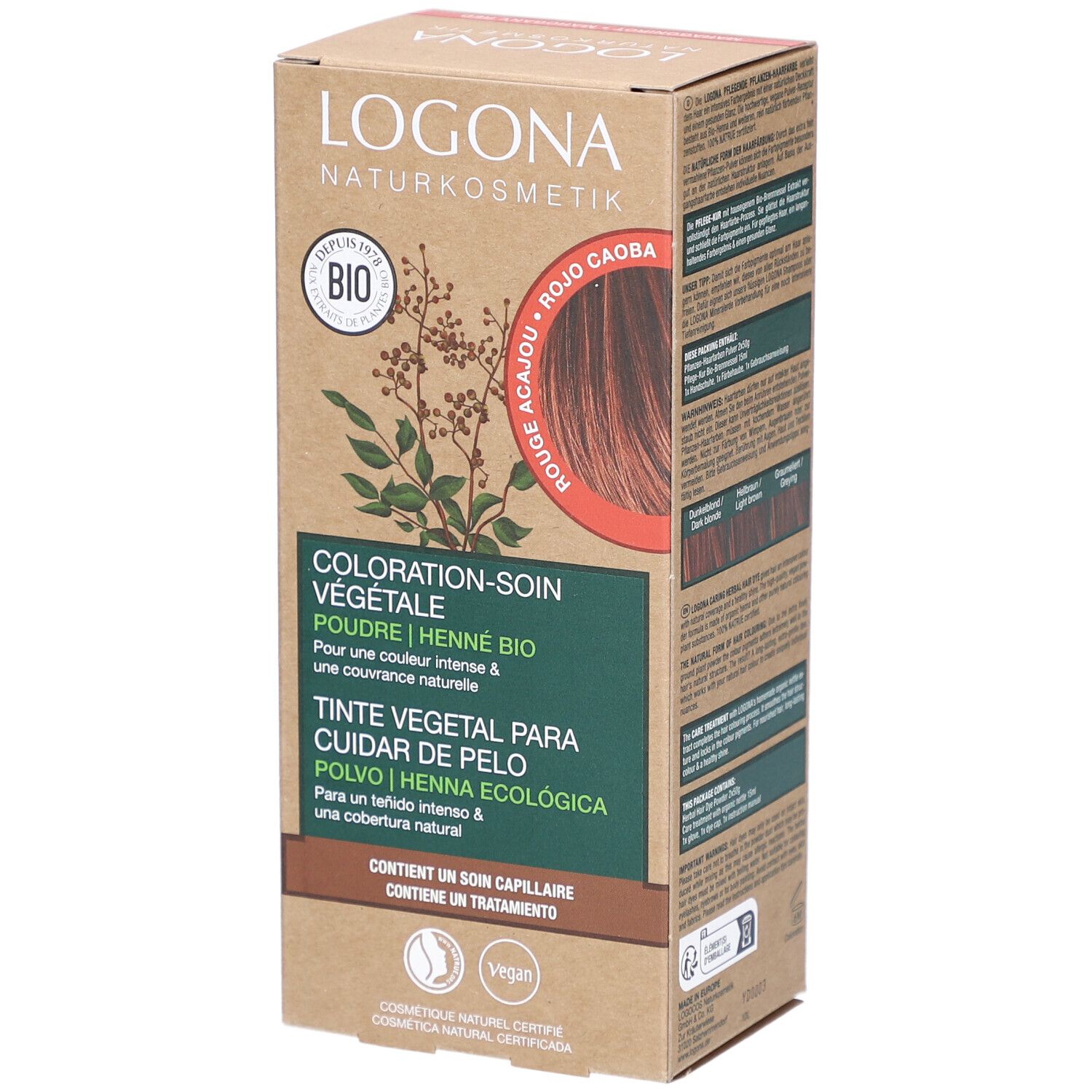 Boîte de Logona coloration végétale en poudre rouge acajou bio. Emballage avec informations produit et logo.