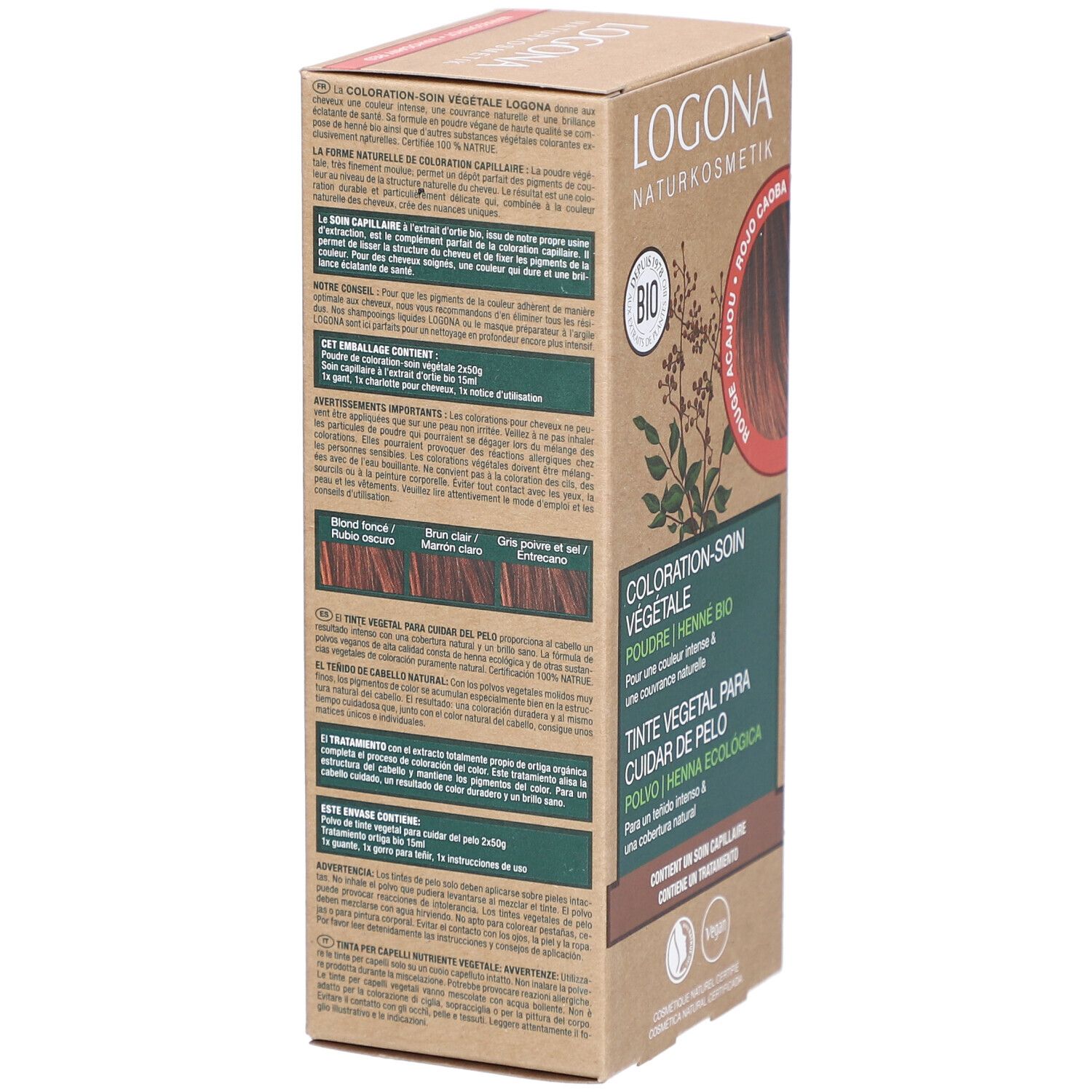 Boîte de coloration végétale Logona. Vue latérale avec texte. Labels Bio et Vegan.