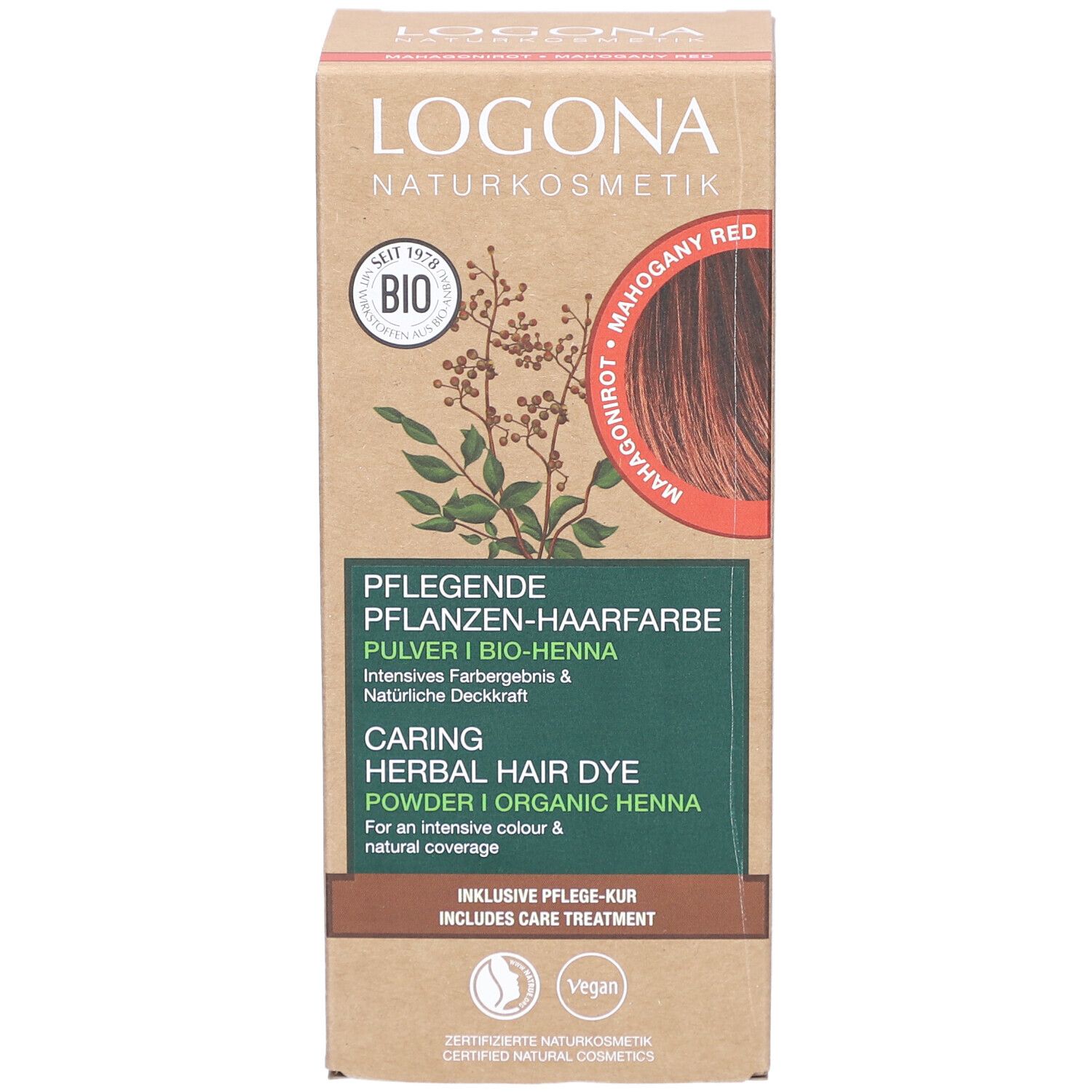 Boîte de Logona coloration végétale en poudre acajou bio. Emballage vert-brun avec informations produit et logo.