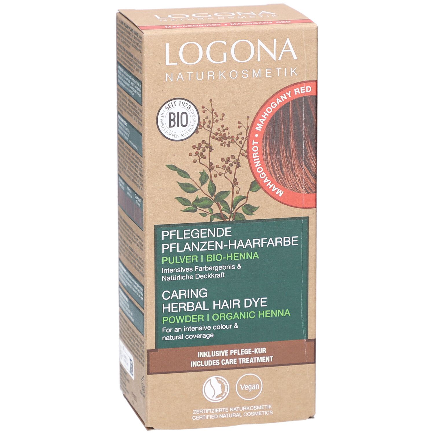 Boîte de Logona coloration végétale en poudre acajou bio. Emballage vert-brun avec informations produit et logo.