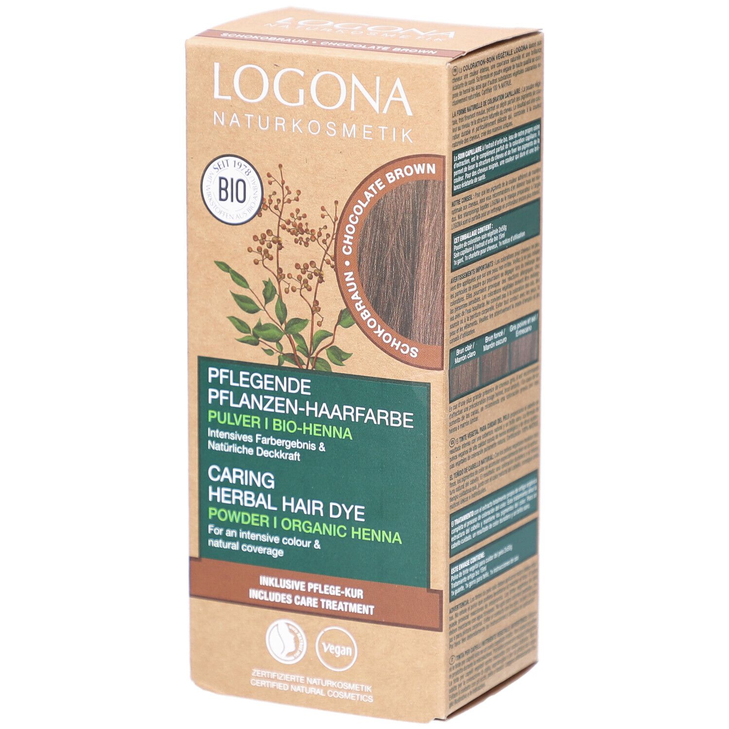 Logona Pflanzen-Haarfarbe Pulver Schokobraun Bio-Verpackung. Braune Box mit Produktnamen, Logo, Bio-Siegel und Vegan-Zeichen.