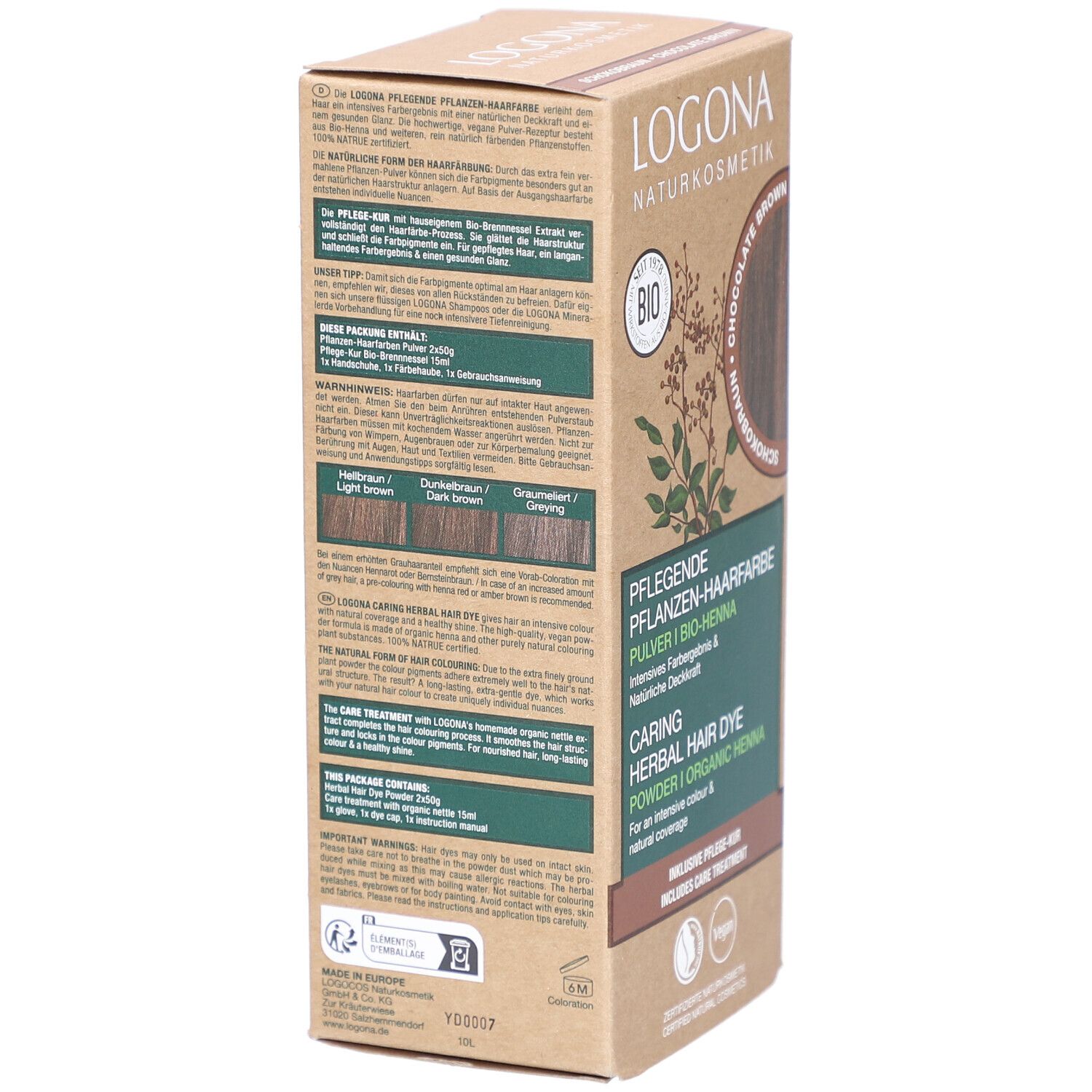 Rückseite der Logona Pflanzen-Haarfarbe-Box. Text in Deutsch, Informationen zum Produkt, Inhaltsstoffe, und Farbbeispiele.