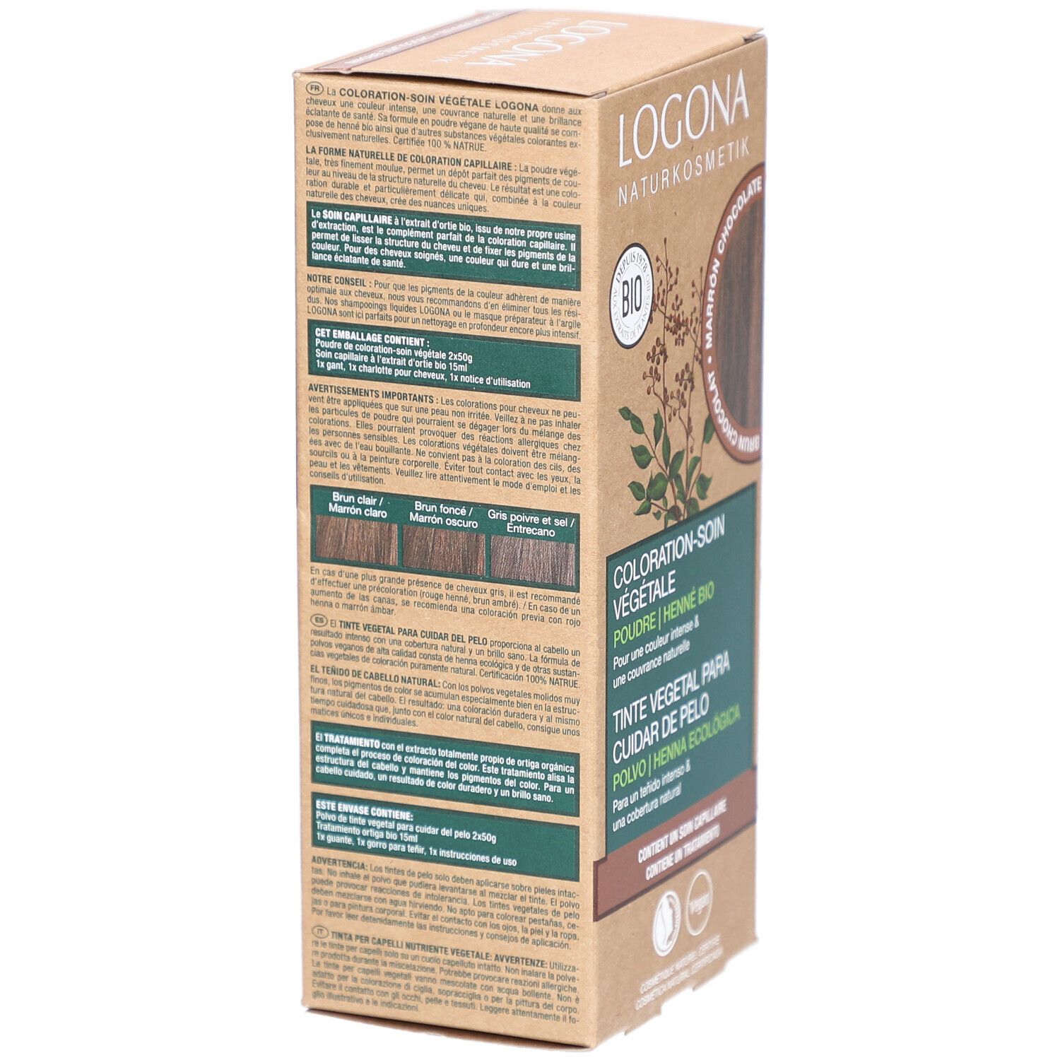 Rückseite der Logona Pflanzen-Haarfarbe-Box. Text in mehreren Sprachen, Produktinformationen, Farbbeispiele.