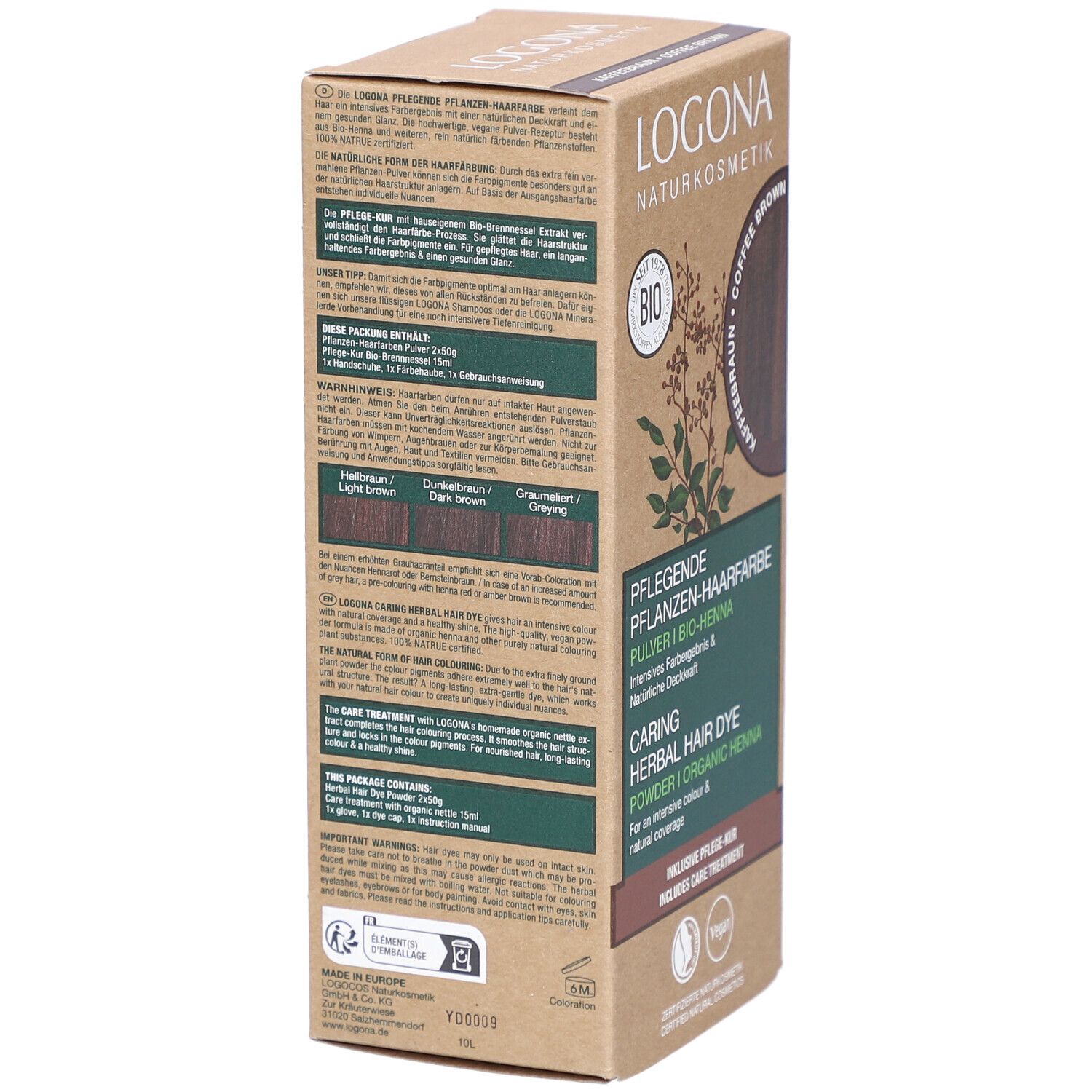 Dos de l'emballage de coloration. Logo, label Bio. Texte multilingue. Comparaison des couleurs pour différentes teintes. Label Vegan.