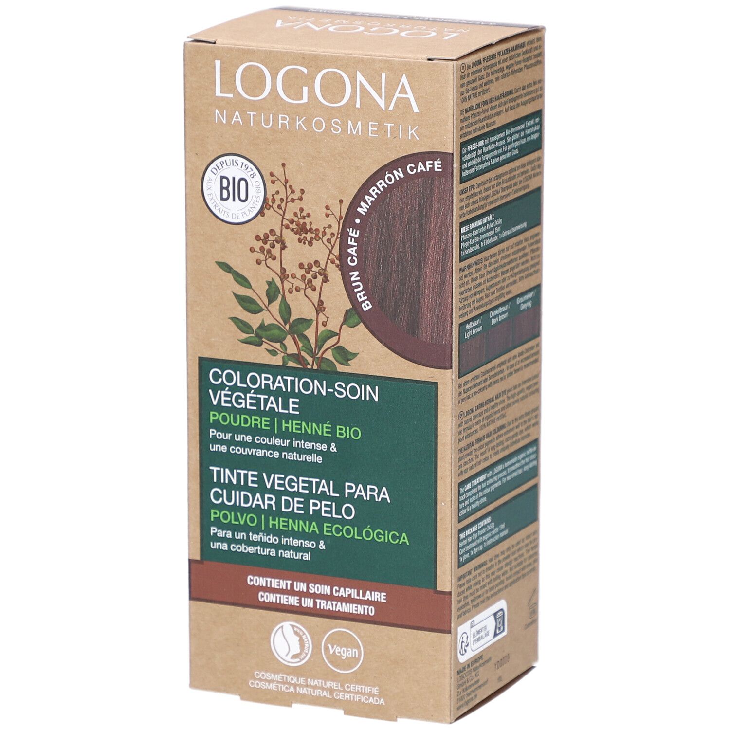 Boîte de coloration végétale. Logo, label Bio, cercle marron café. Texte: Coloration-soin végétale, Tinte vegetal para cuidar de pelo.