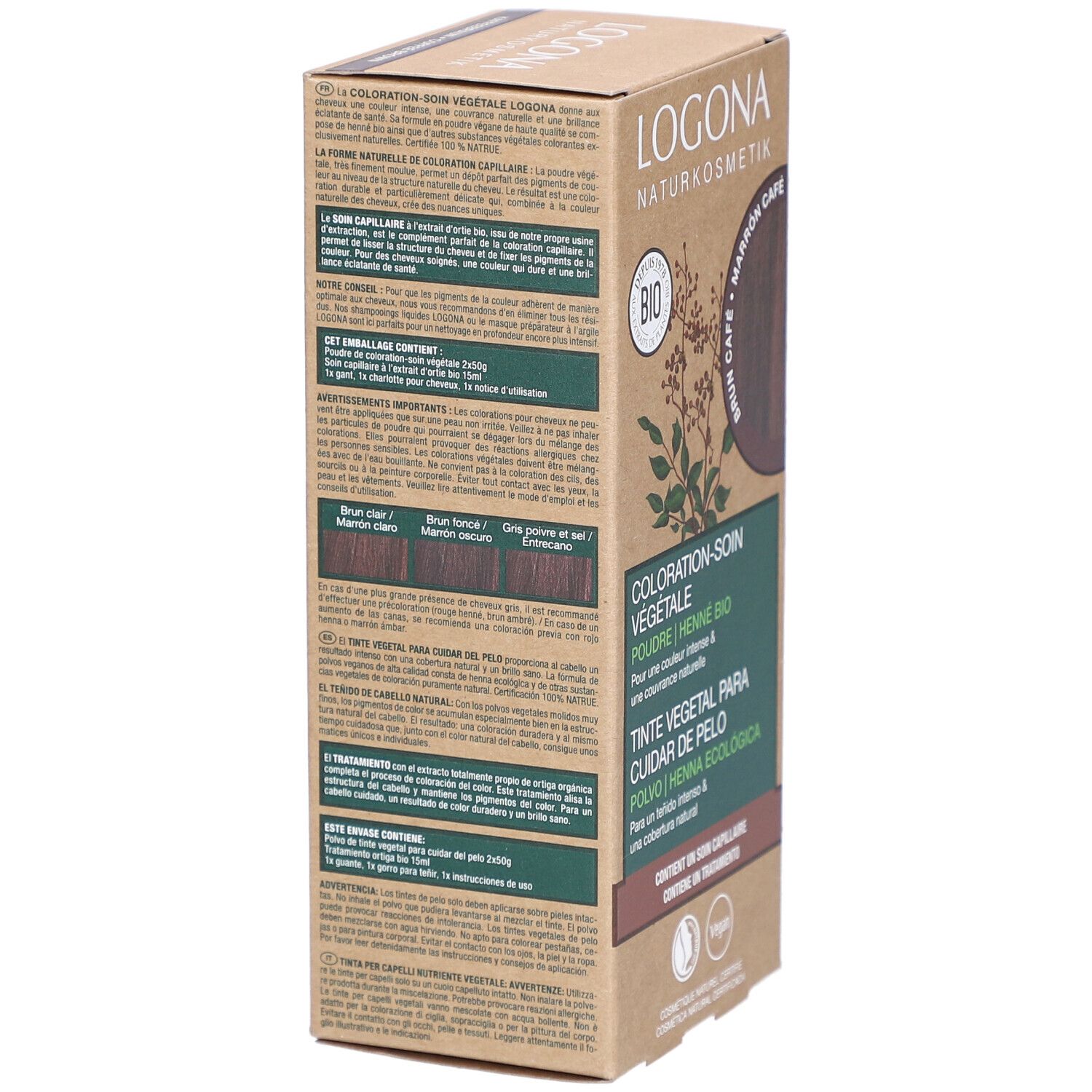 Dos de l'emballage de coloration. Logo, label Bio. Texte multilingue. Comparaison des couleurs pour différentes teintes. Label Vegan.