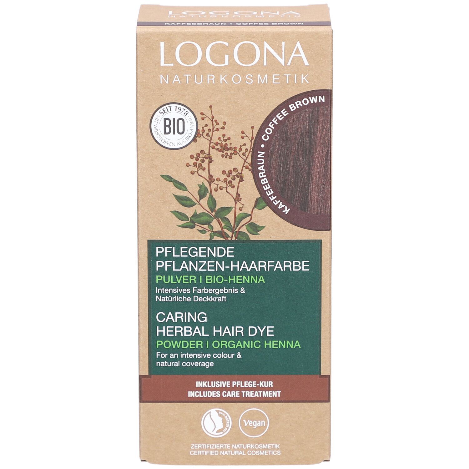 Boîte de coloration végétale. Logo, label Bio, cercle marron café. Texte: Coloration-soin végétale, Caring Herbal Hair Dye. Label Vegan.