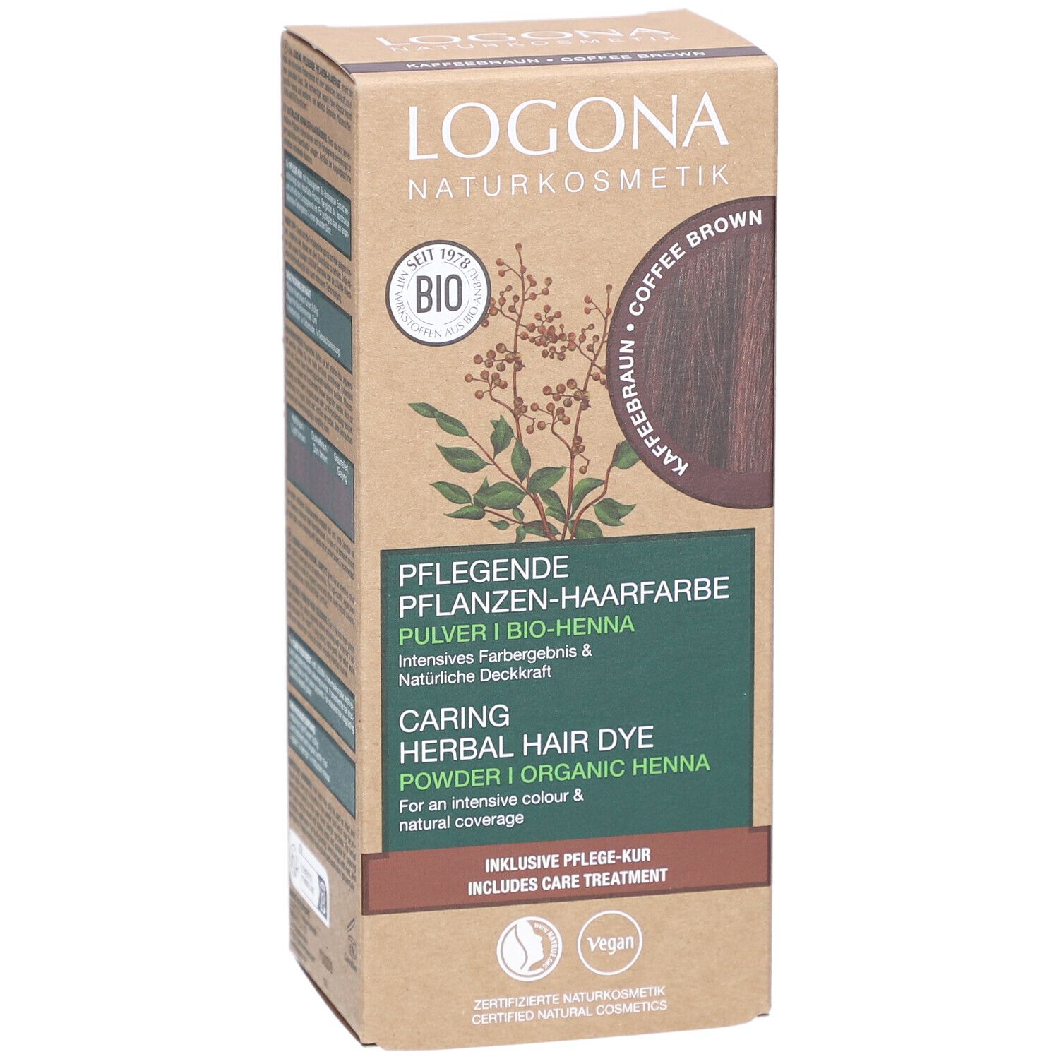 Boîte de coloration végétale. Logo, label Bio, cercle marron café. Texte: Coloration-soin végétale, Caring Herbal Hair Dye. Label Vegan.