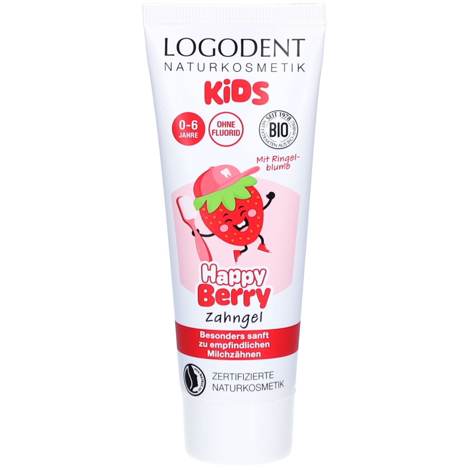 Tube de gel dentaire avec logo et illustration de fraise. Texte : Kids, 0-6 ans, sans fluor, Happy Berry. Cosmétiques naturels certifiés.