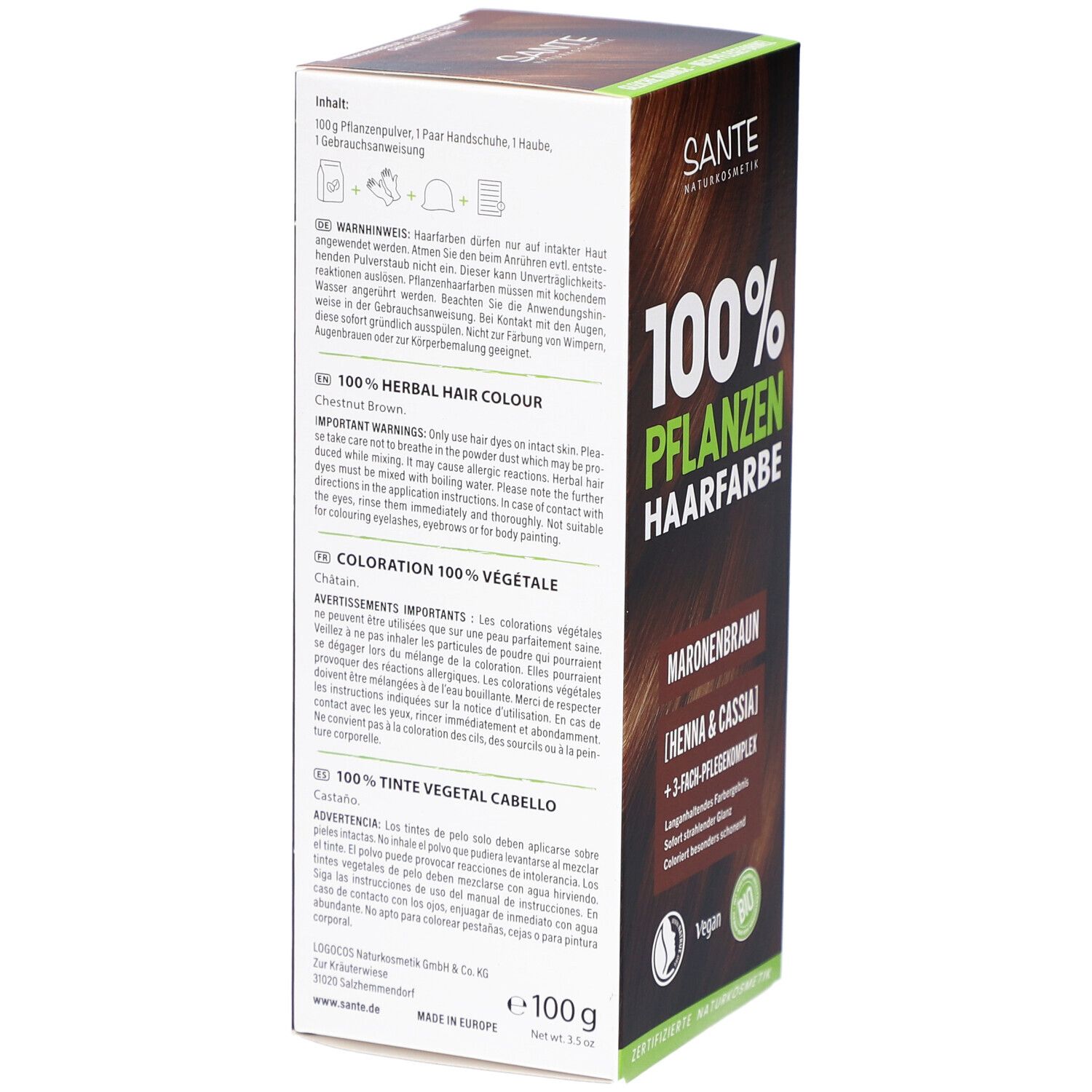 Dos de l'emballage de la coloration végétale. Contient: gants, mode d'emploi. Texte en allemand, anglais, français, italien.