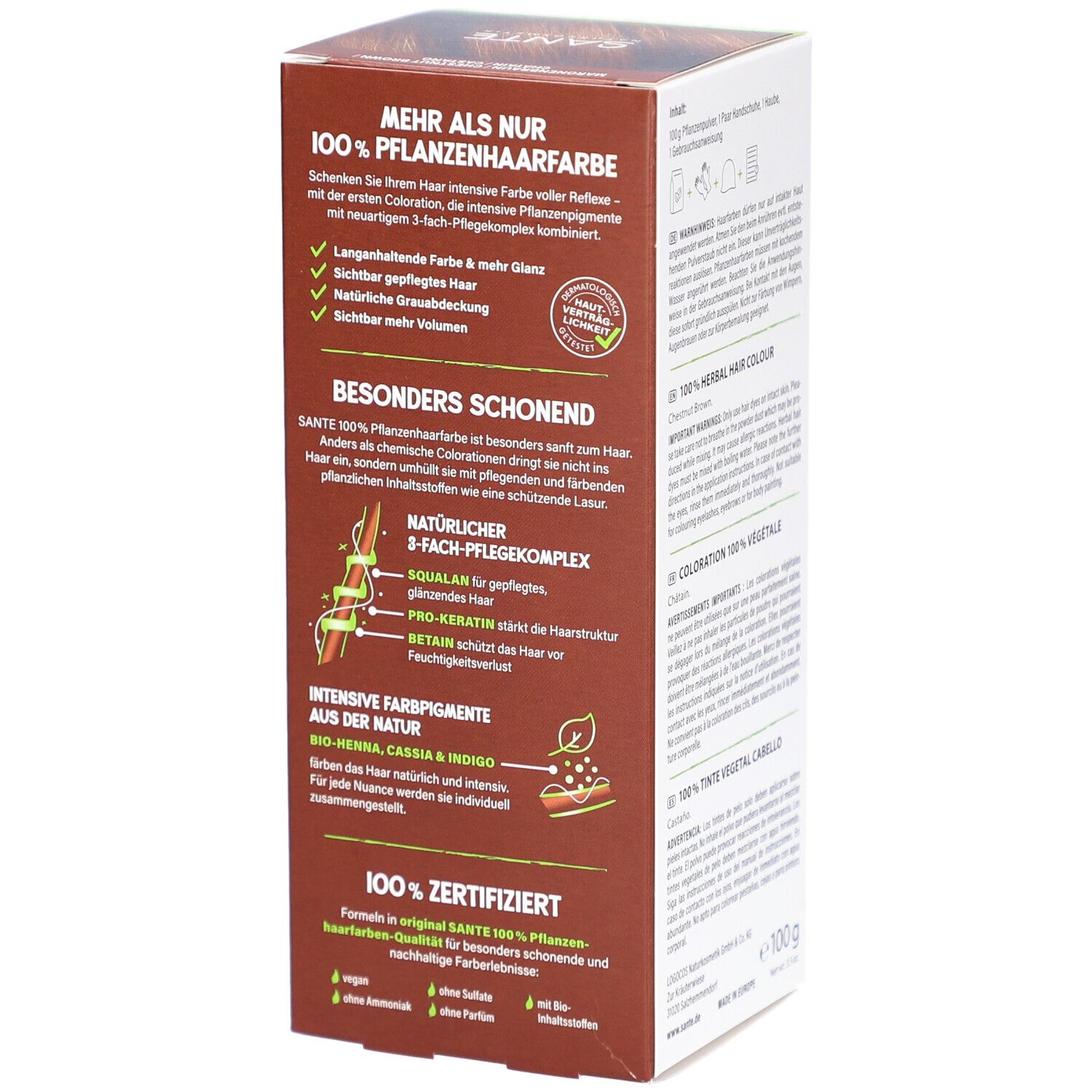 Côté de l'emballage de la coloration végétale. Texte: 3-Fach Pflegekomplex, Squalane, Pro-Keratin, Retain. Bio-Henna, Cassia & Indigo.