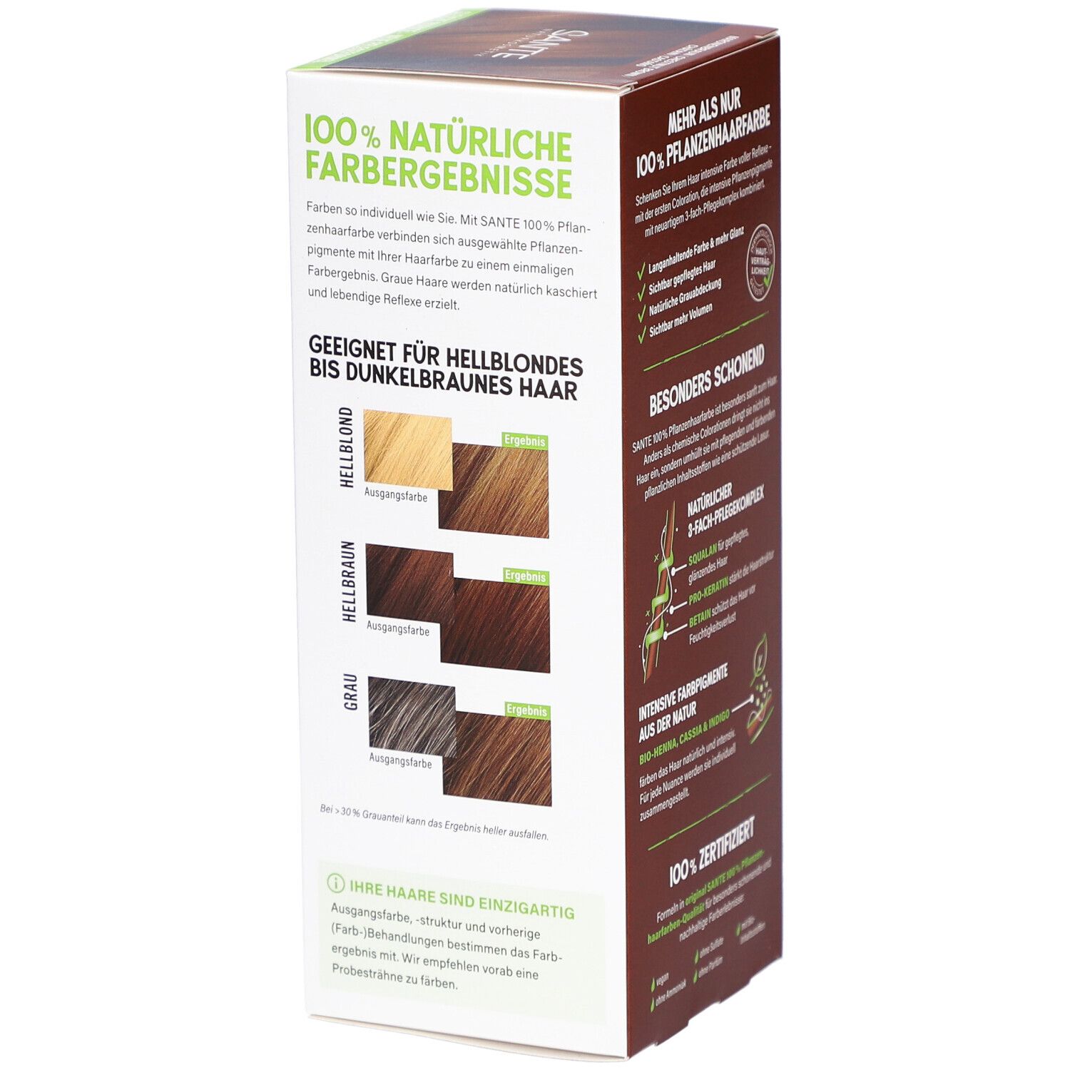 Côté de l'emballage de la coloration végétale. Exemples de couleurs pour cheveux blonds clairs à bruns foncés. Texte: 100% natürliche Farbergebnisse.