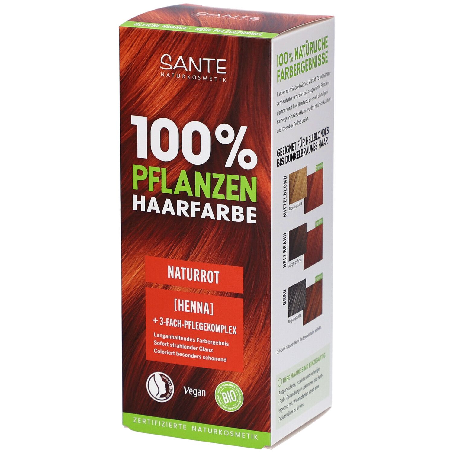 Boîte Sante Pflanzen Haarfarbe Naturrot. 100% Pflanzen Haarfarbe. Vegan et certifié bio.